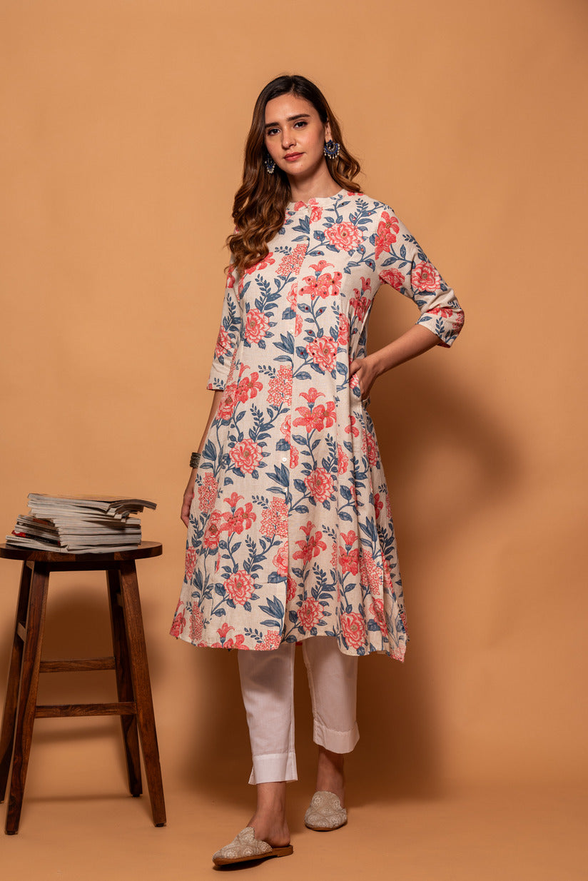 Off-White with Pink Floral Printed Cotton Girl's Kurti