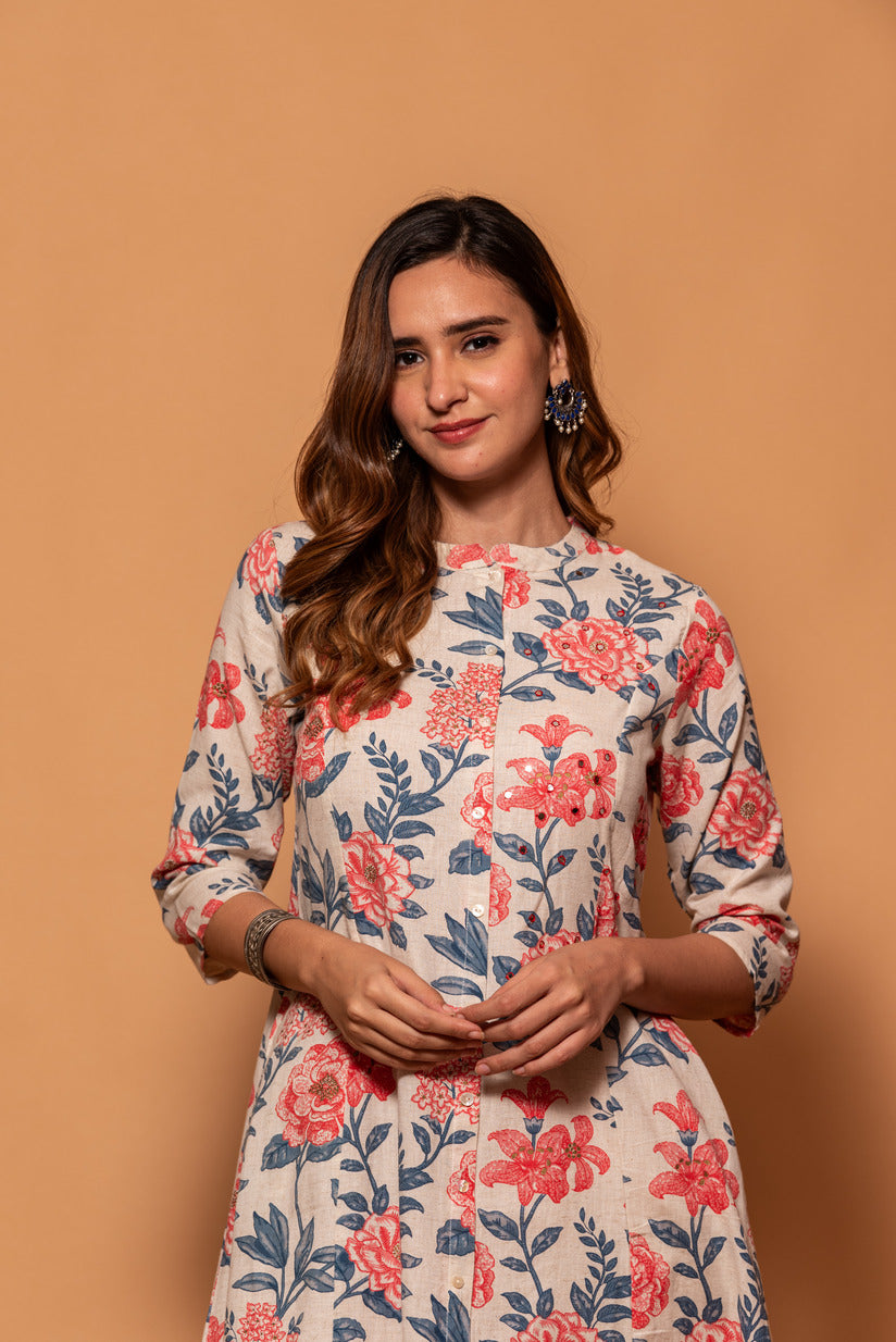Off-White with Pink Floral Printed Cotton Kurti