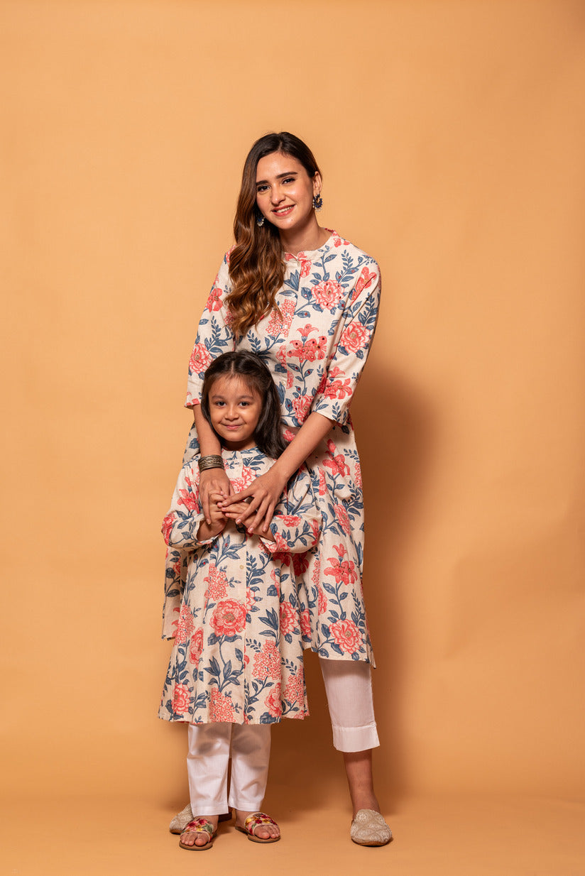 Off-White with Pink Floral Printed Cotton Girl's Kurti