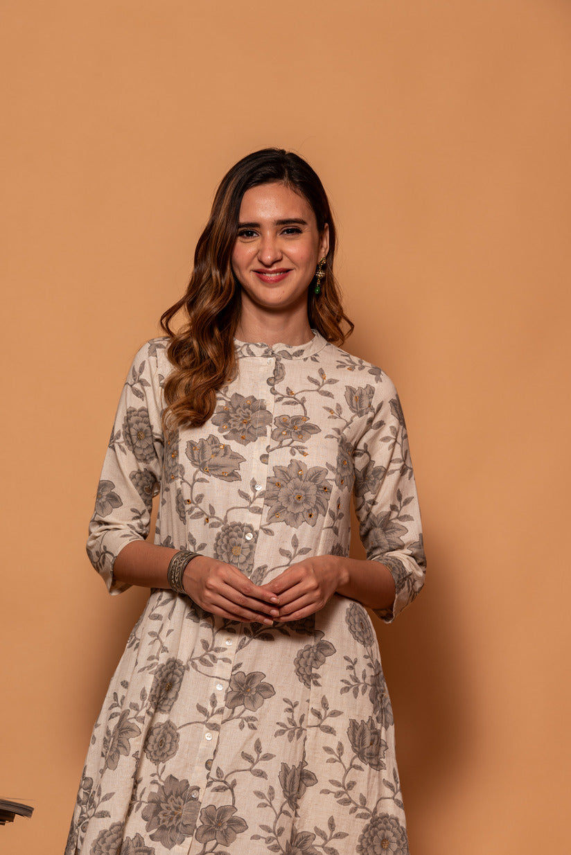 Off-White with Dark Grey Floral Printed Simple Cotton Kurti