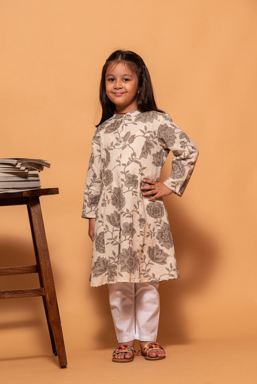 Off-White with Dark Grey Floral Printed Simple Cotton Kurti