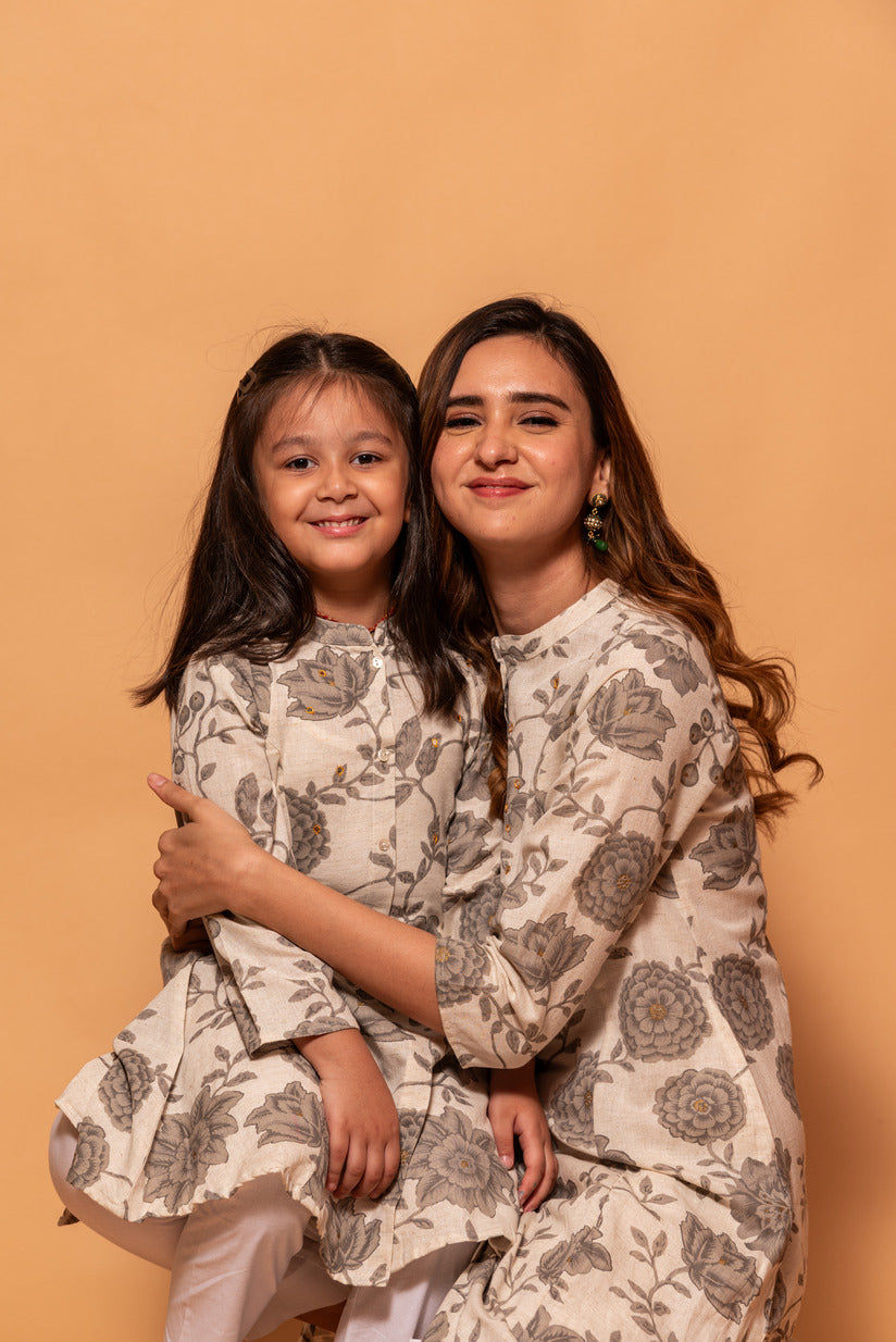 Off-White with Dark Grey Floral Printed Simple Cotton Kurti