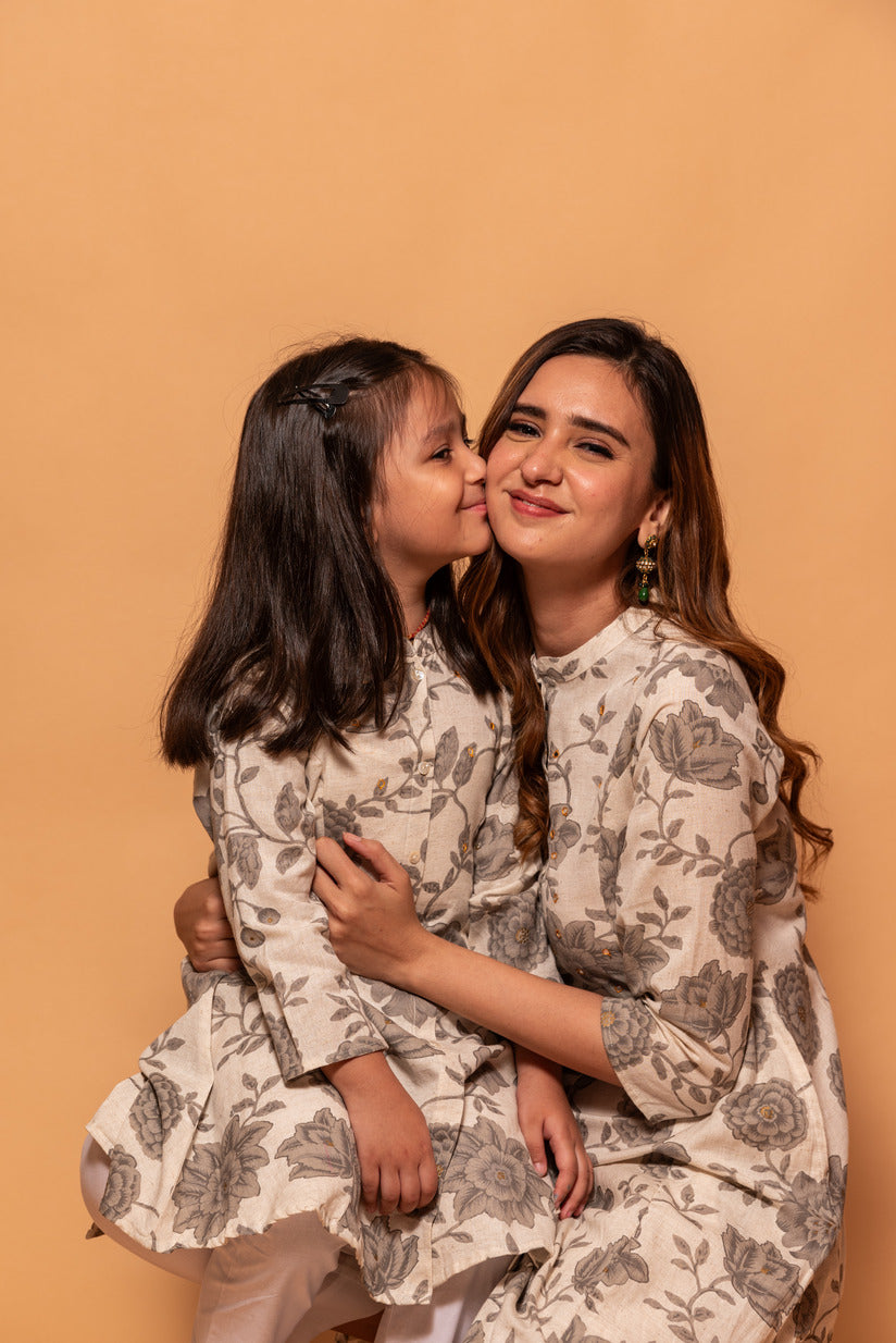 Off-White with Dark Grey Floral Printed Simple Cotton Kurti