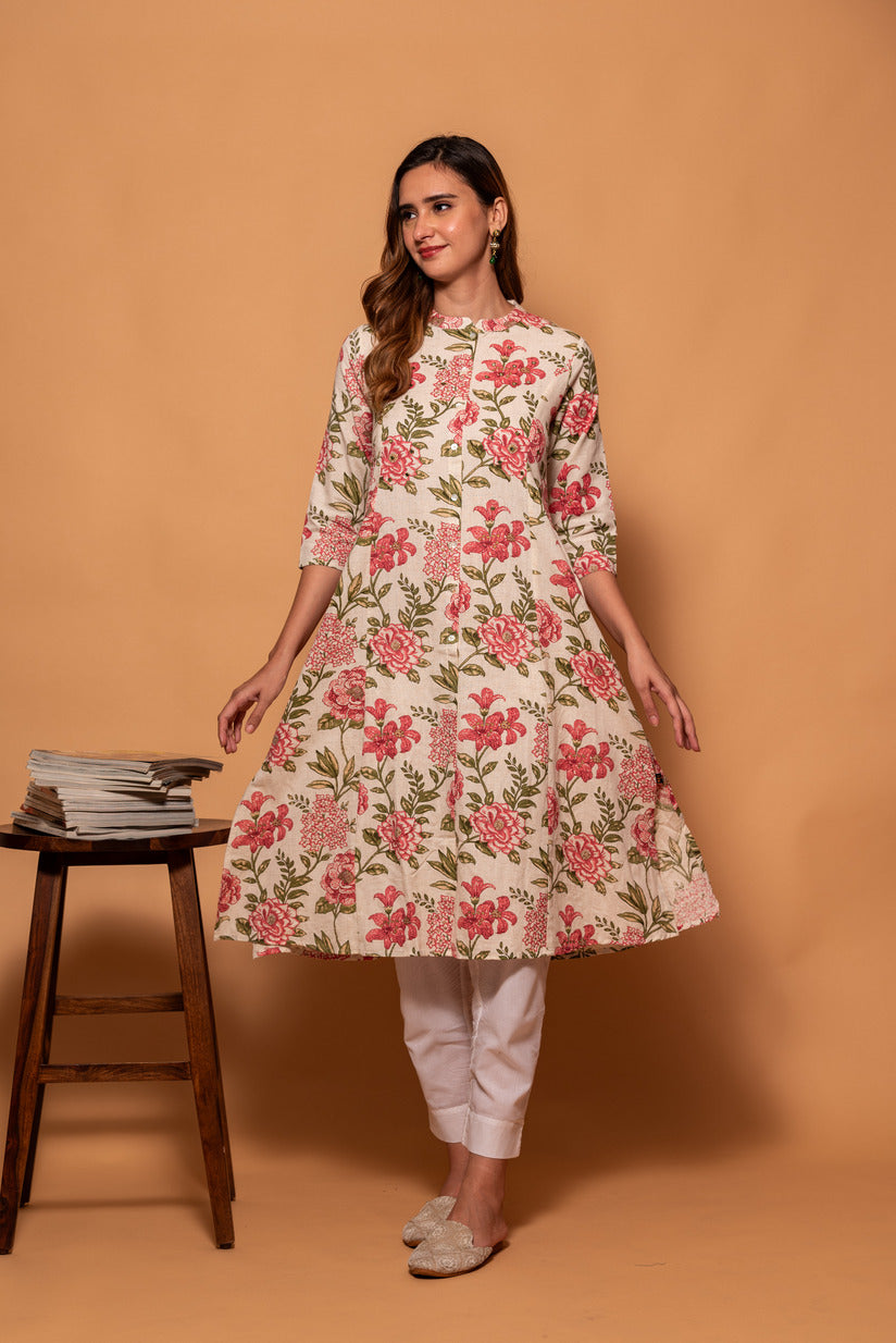 Cream with Dark Pink Floral Printed Simple Cotton Kurti