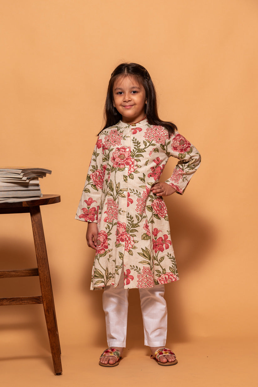 Cream with Dark Pink Floral Printed Simple Cotton Kurti