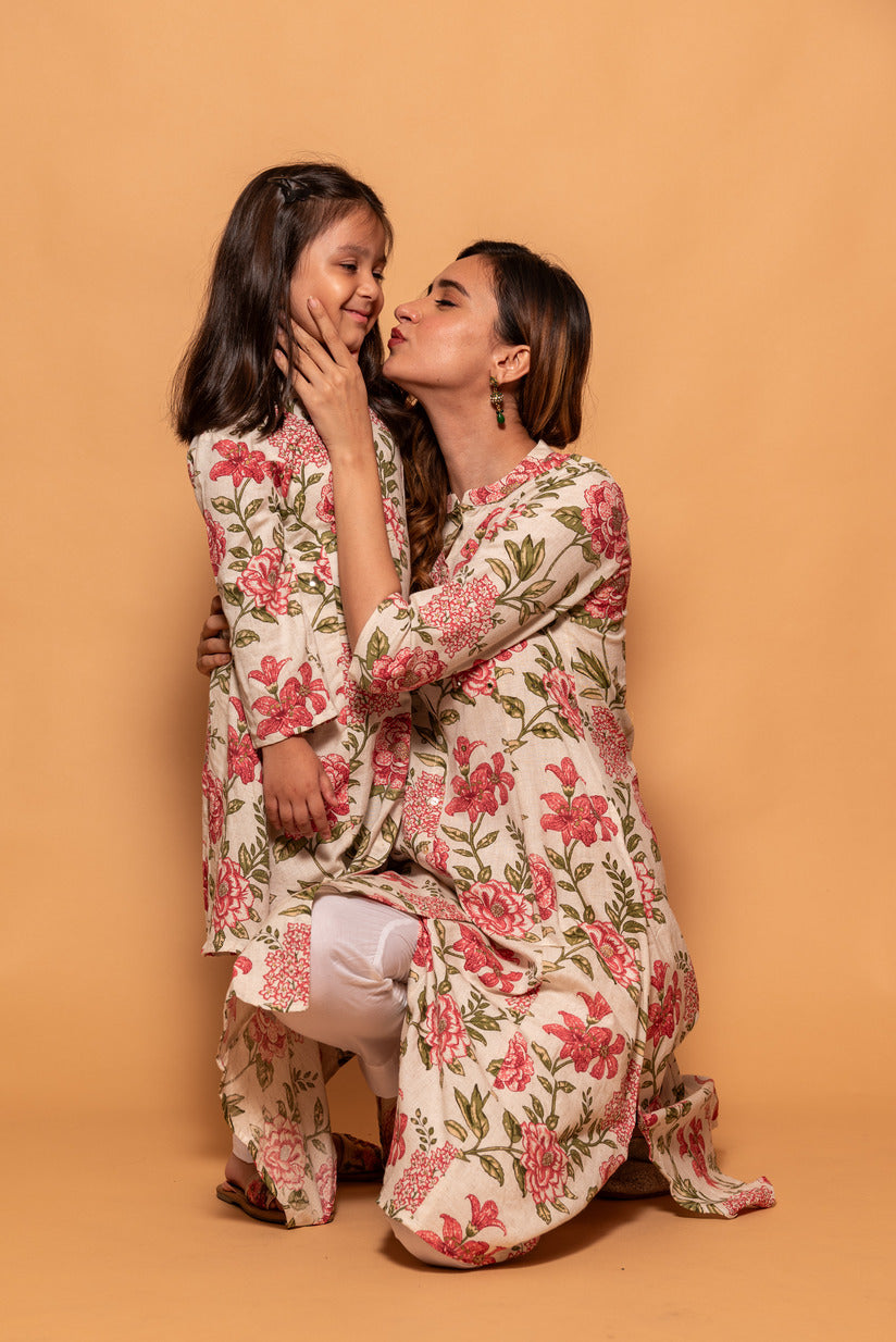 Cream with Dark Pink Floral Printed Simple Cotton Kurti