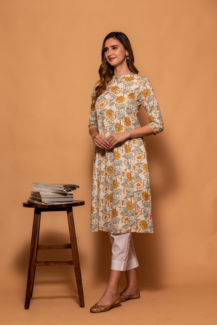 Blue and Yellow Floral Embellished Cotton Kurti