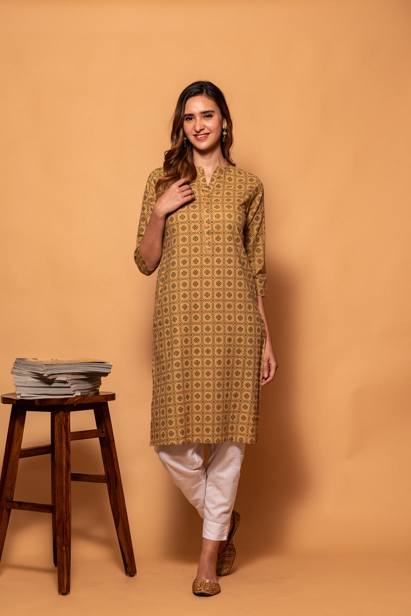 Light Brown with Green Floral Printed Cotton Kurti