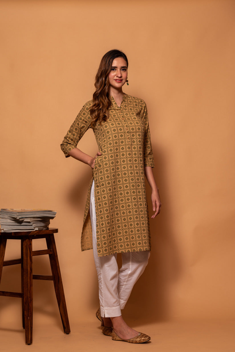 Light Brown with Green Floral Printed Cotton Kurti