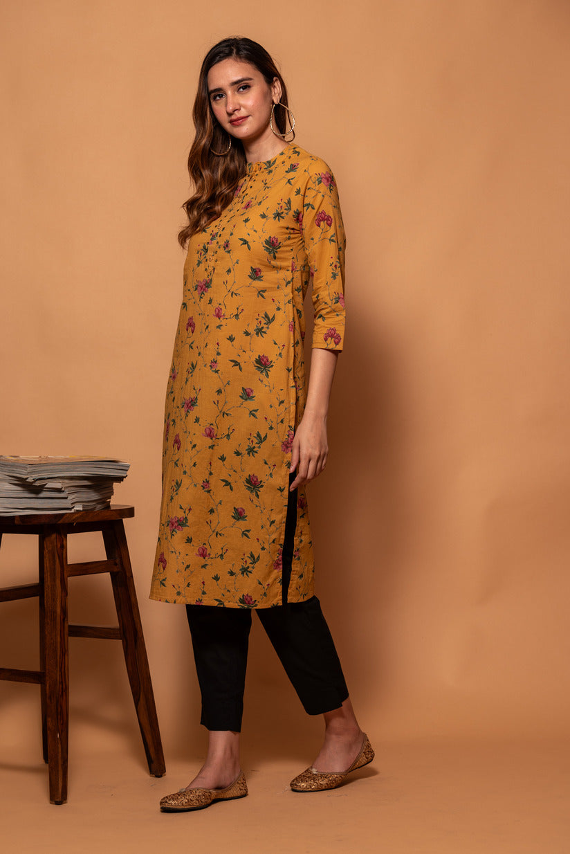 Mustard Floral With Mirror Work Cotton Kurta