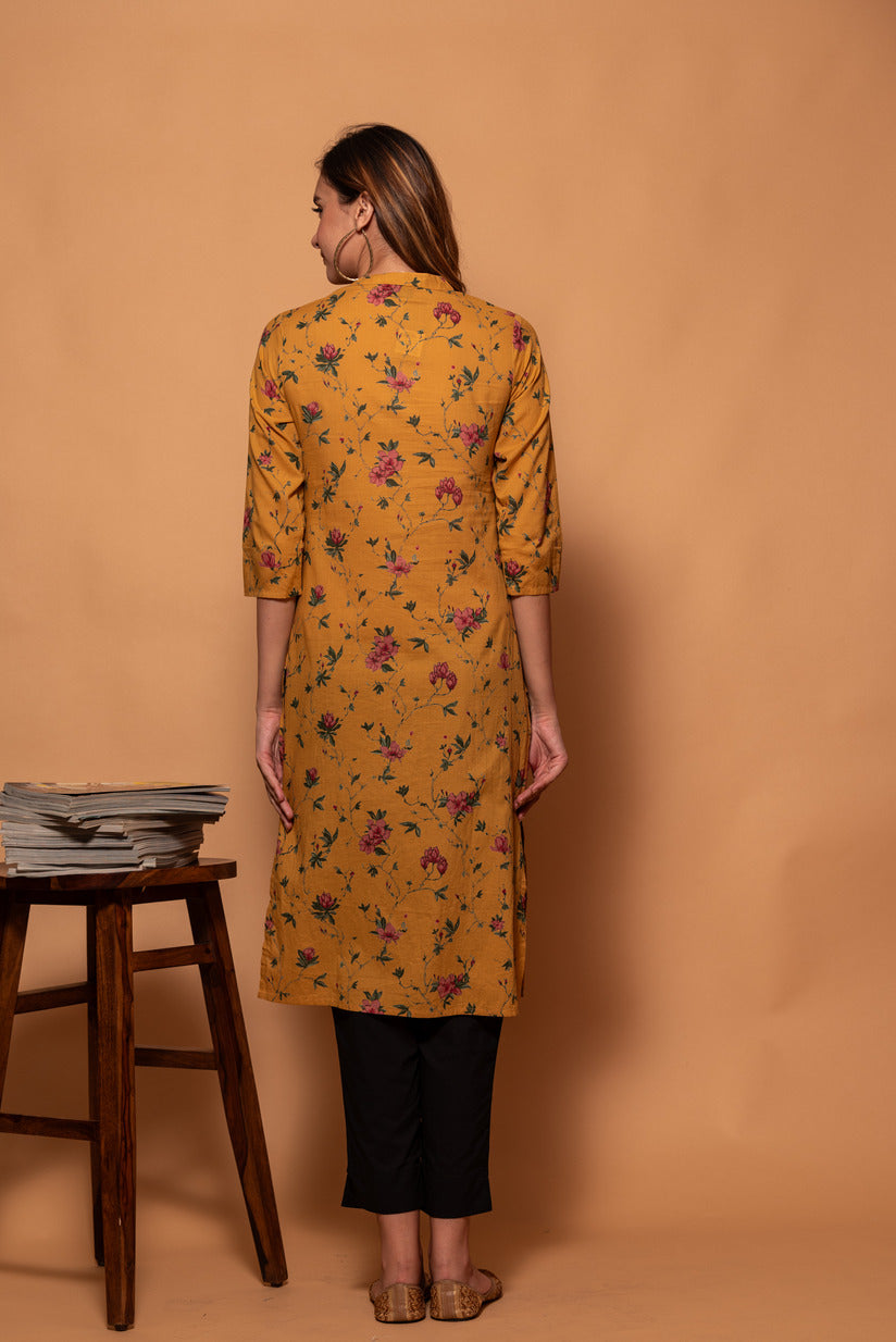Mustard Floral With Mirror Work Cotton Kurta