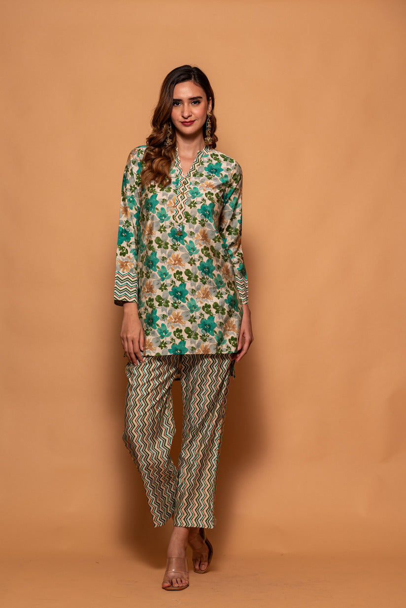 Cream with Green Floral Printed Muslin Co-Ord Set