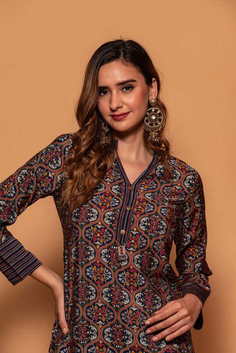 Dark Blue Floral printed Muslin Co-Ord Set