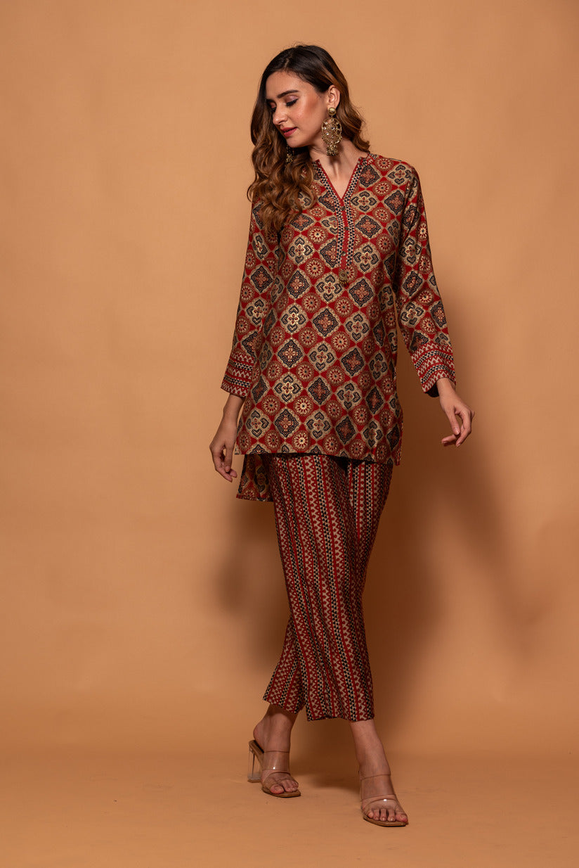 Maroon and Dark Blue Floral printed Muslin Co-Ord Set