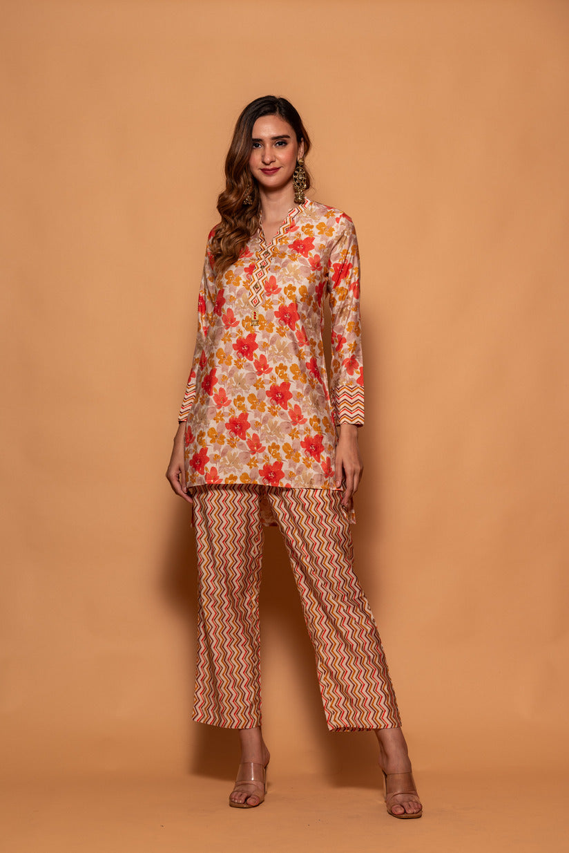 Cream with Orange Floral Printed Muslin Co-Ord Set