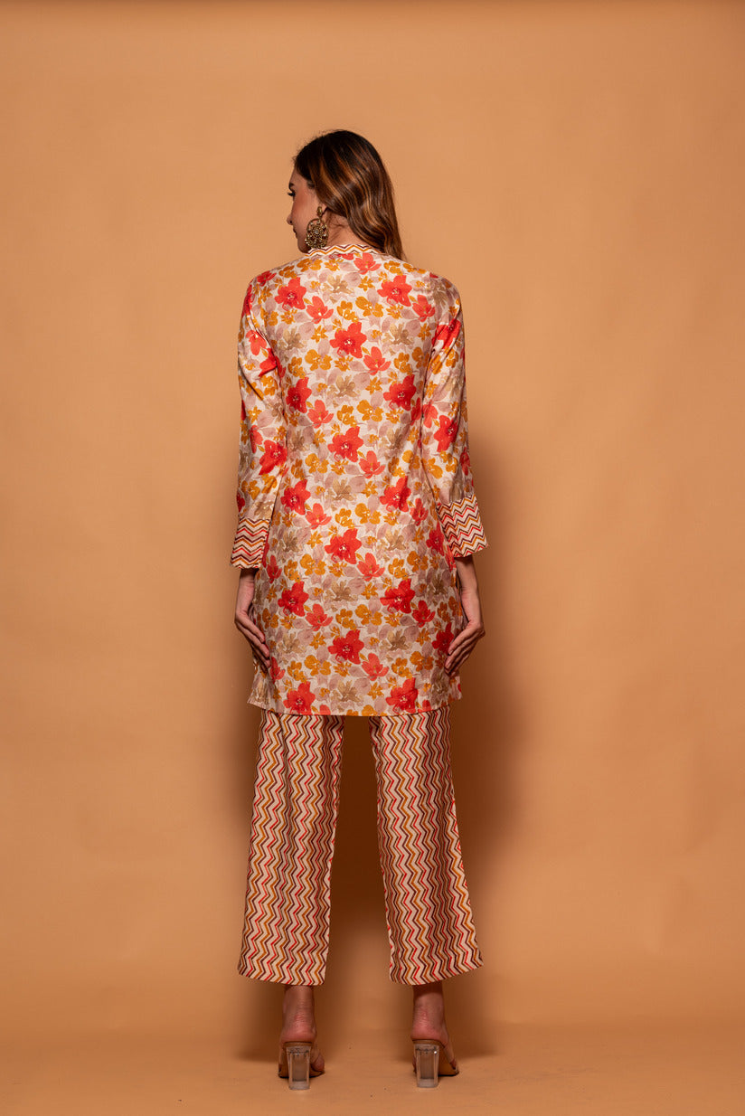 Cream with Orange Floral Printed Muslin Co-Ord Set