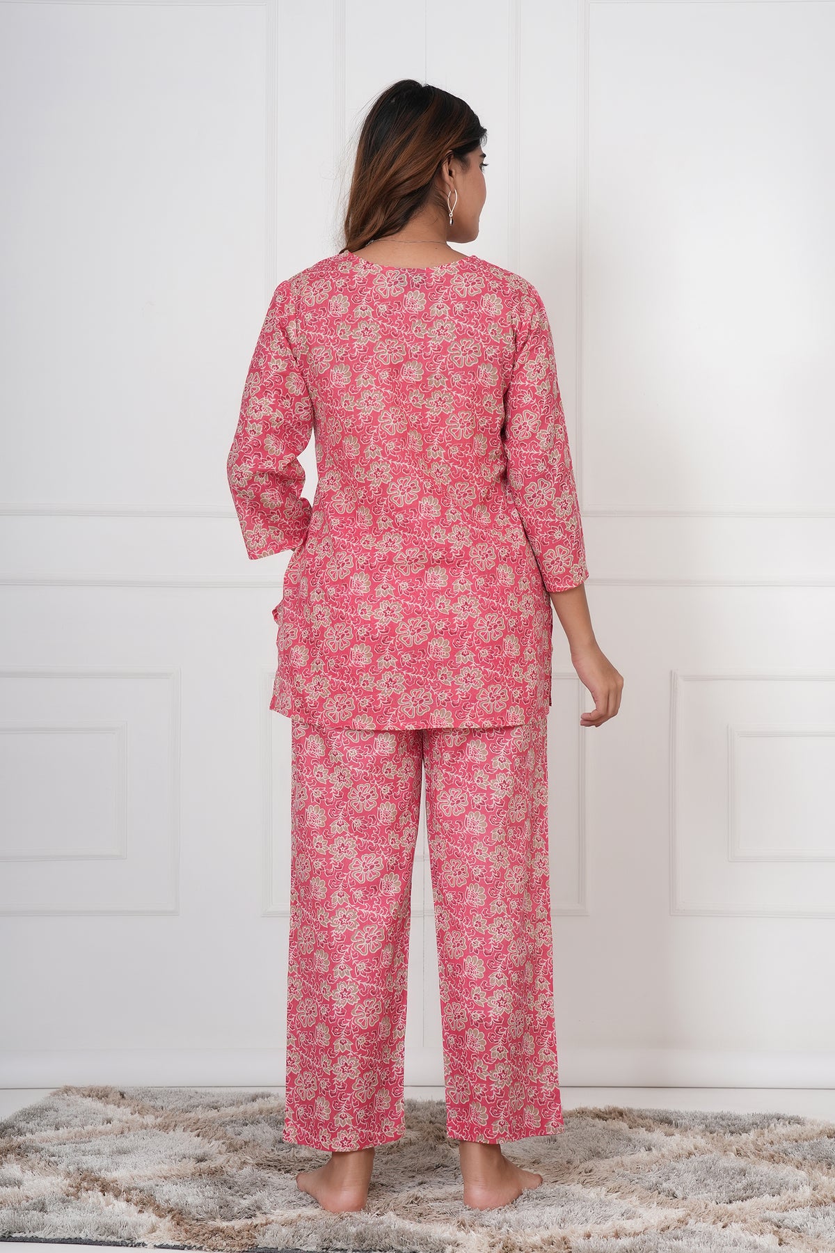 Blossom Floral Printed V-Neck Night Suit Set with Top & Pajama Pants - Rose Pink