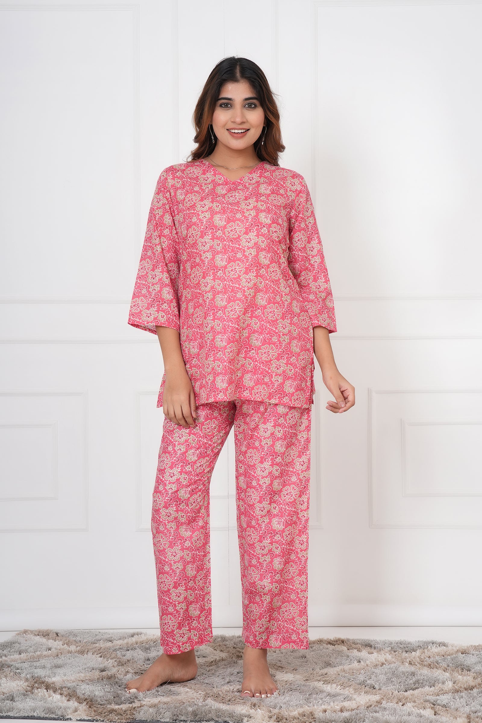 Floral Hand Printed Ladies Cotton Night Dress