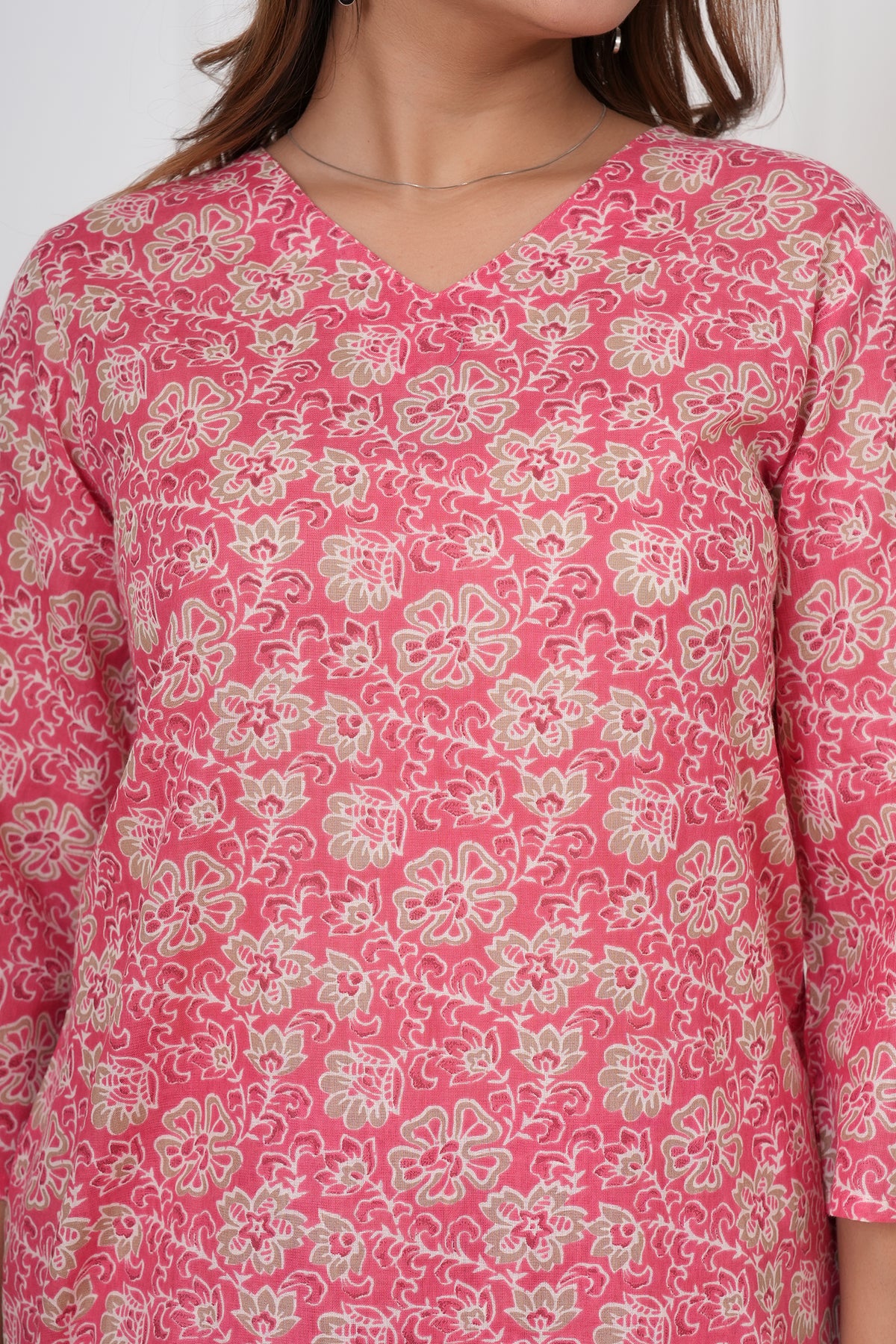 Blossom Floral Printed V-Neck Night Suit Set with Top & Pajama Pants - Rose Pink