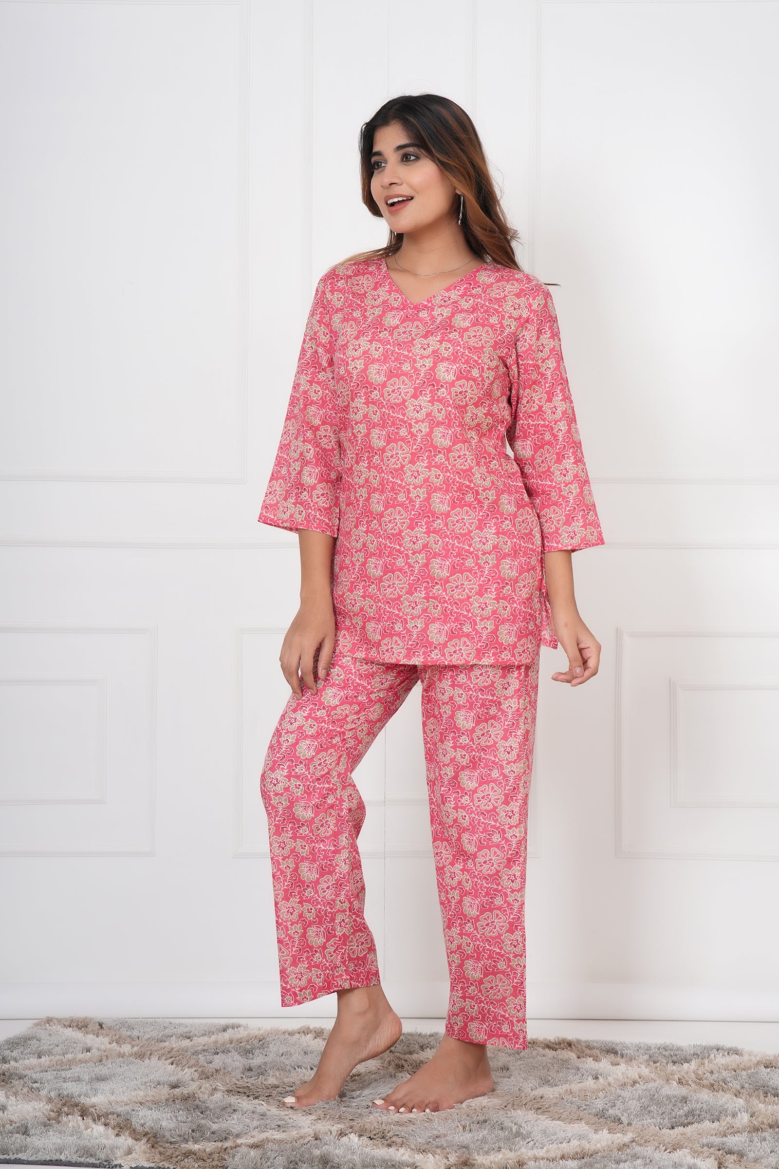 Floral Hand Printed Ladies Cotton Night Dress