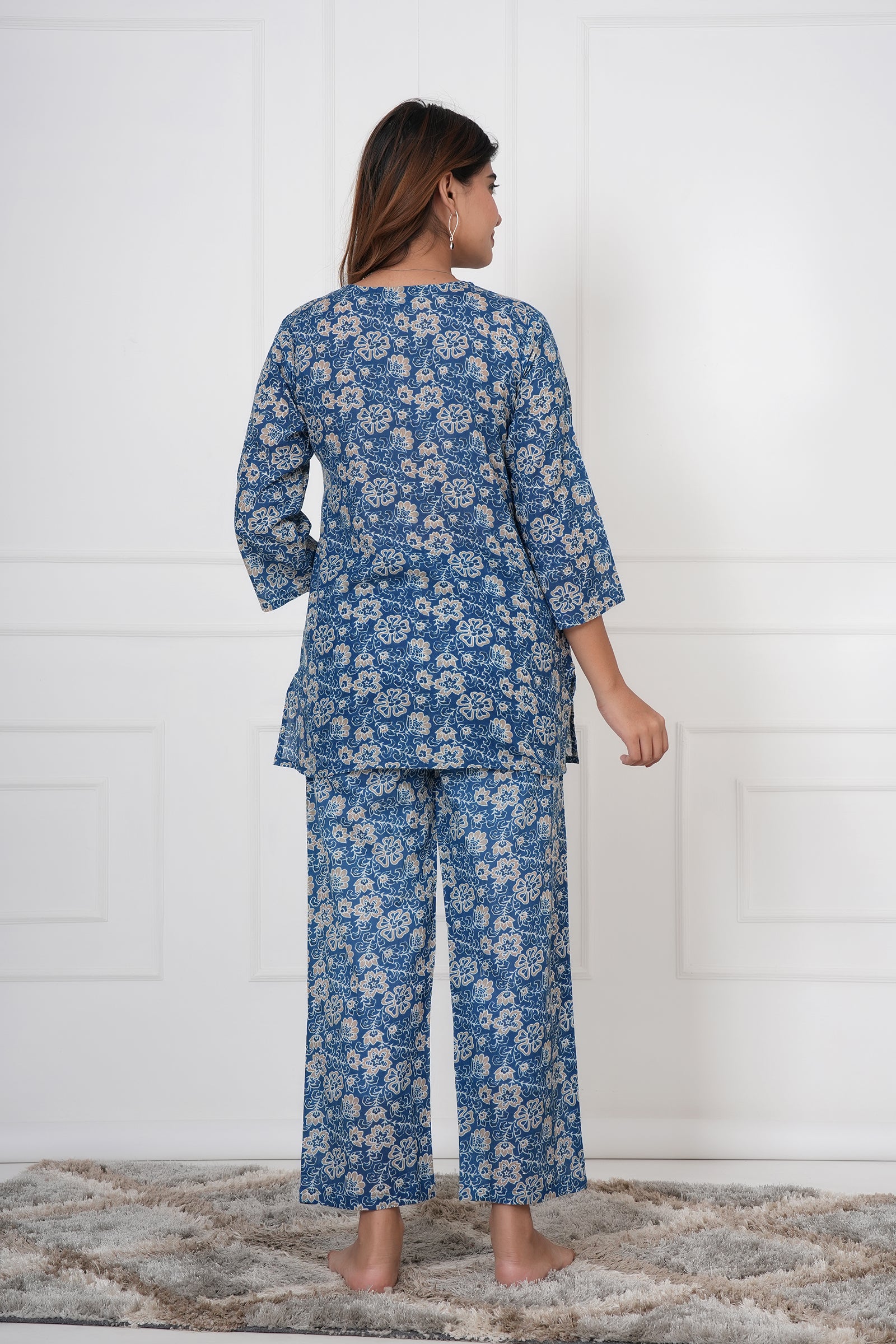 Floral Hand Printed  Navy Blue Ladies Cotton Night Dress