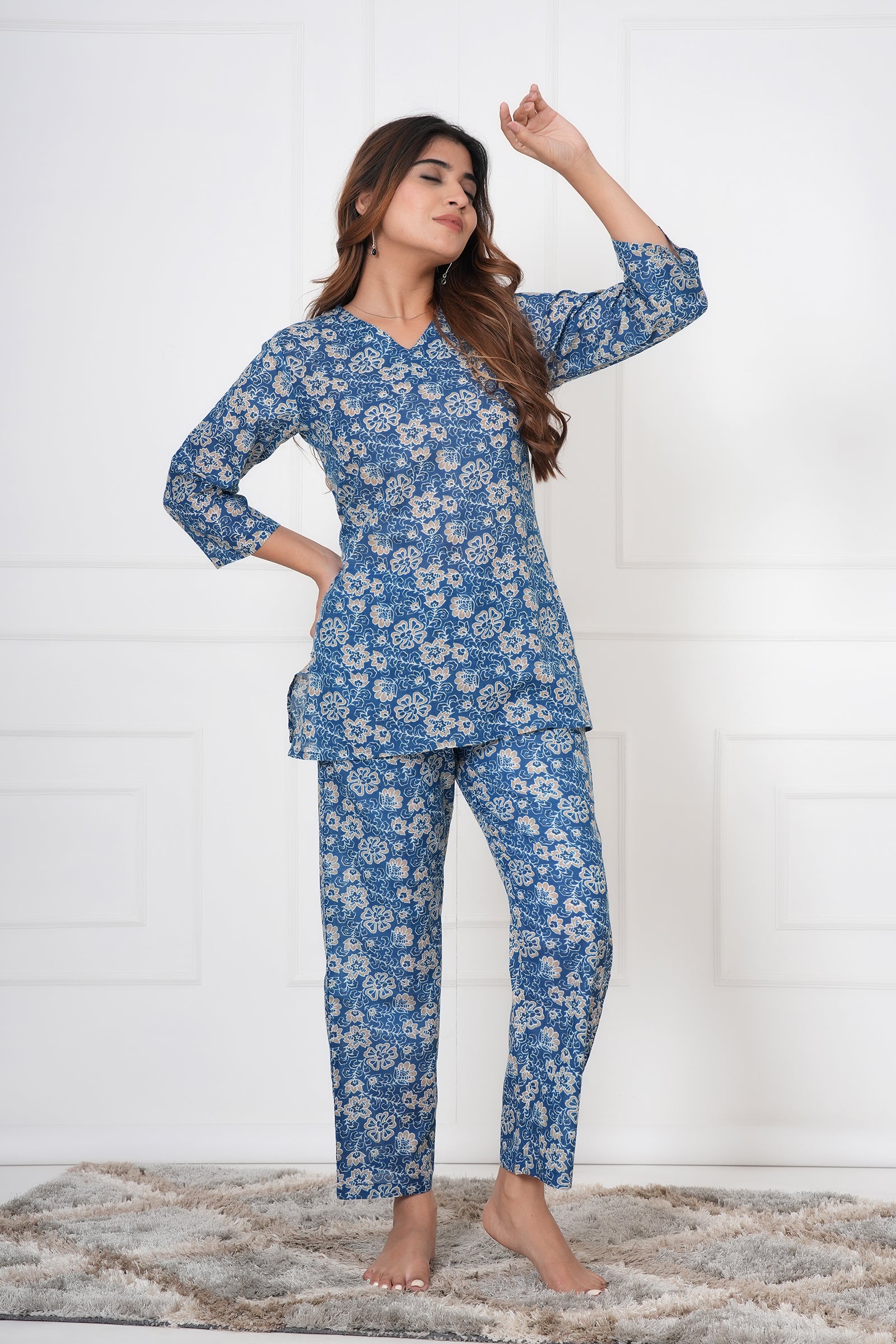 Floral Hand Printed  Navy Blue Ladies Cotton Night Dress