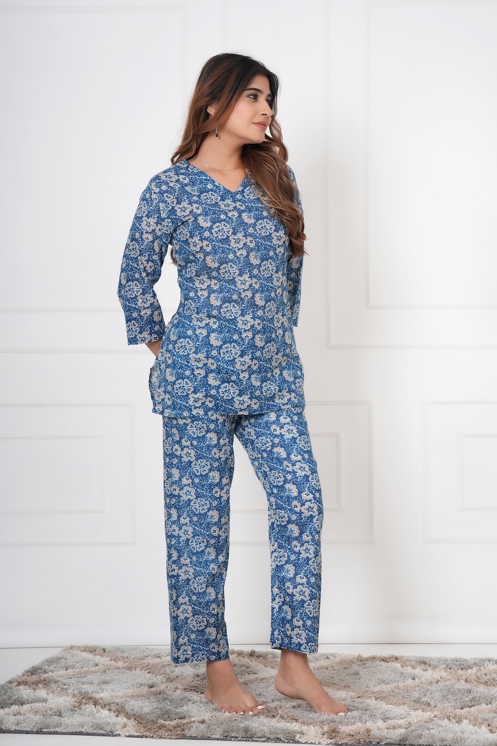 Floral Hand Printed  Navy Blue Ladies Cotton Night Dress