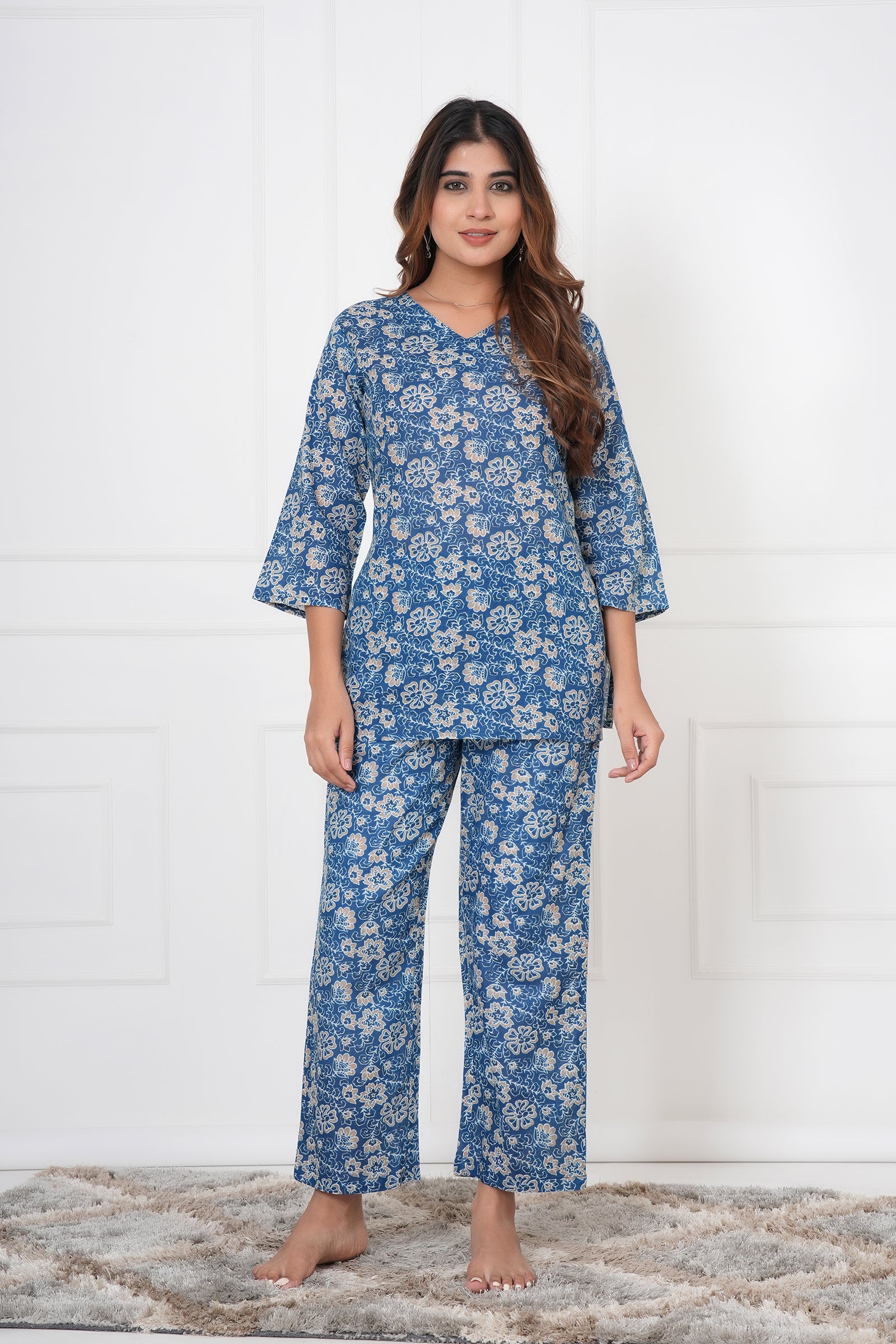 Floral Hand Printed  Navy Blue Ladies Cotton Night Dress