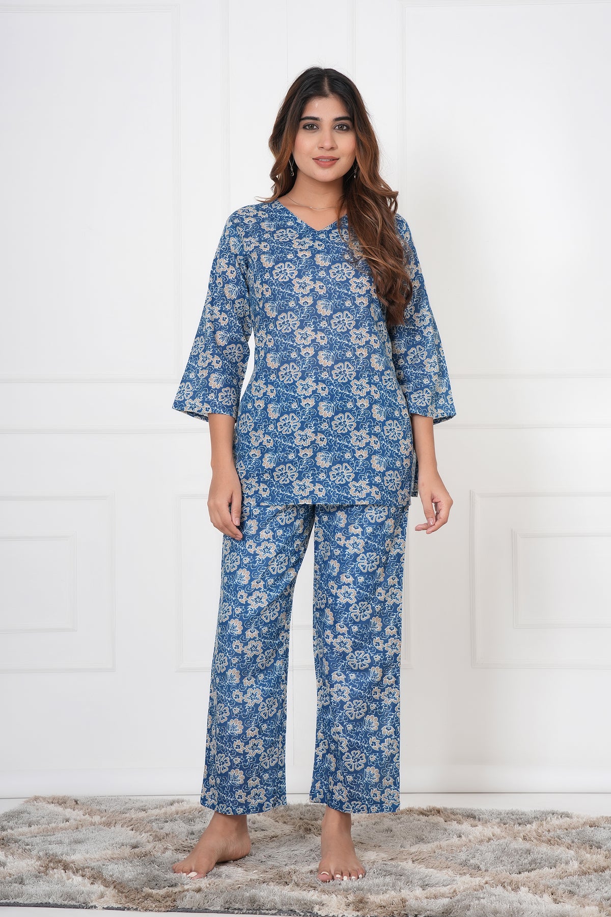 Blossom Floral Printed V-Neck Night Suit Set with Top & Pajama Pants - Indigo Blue