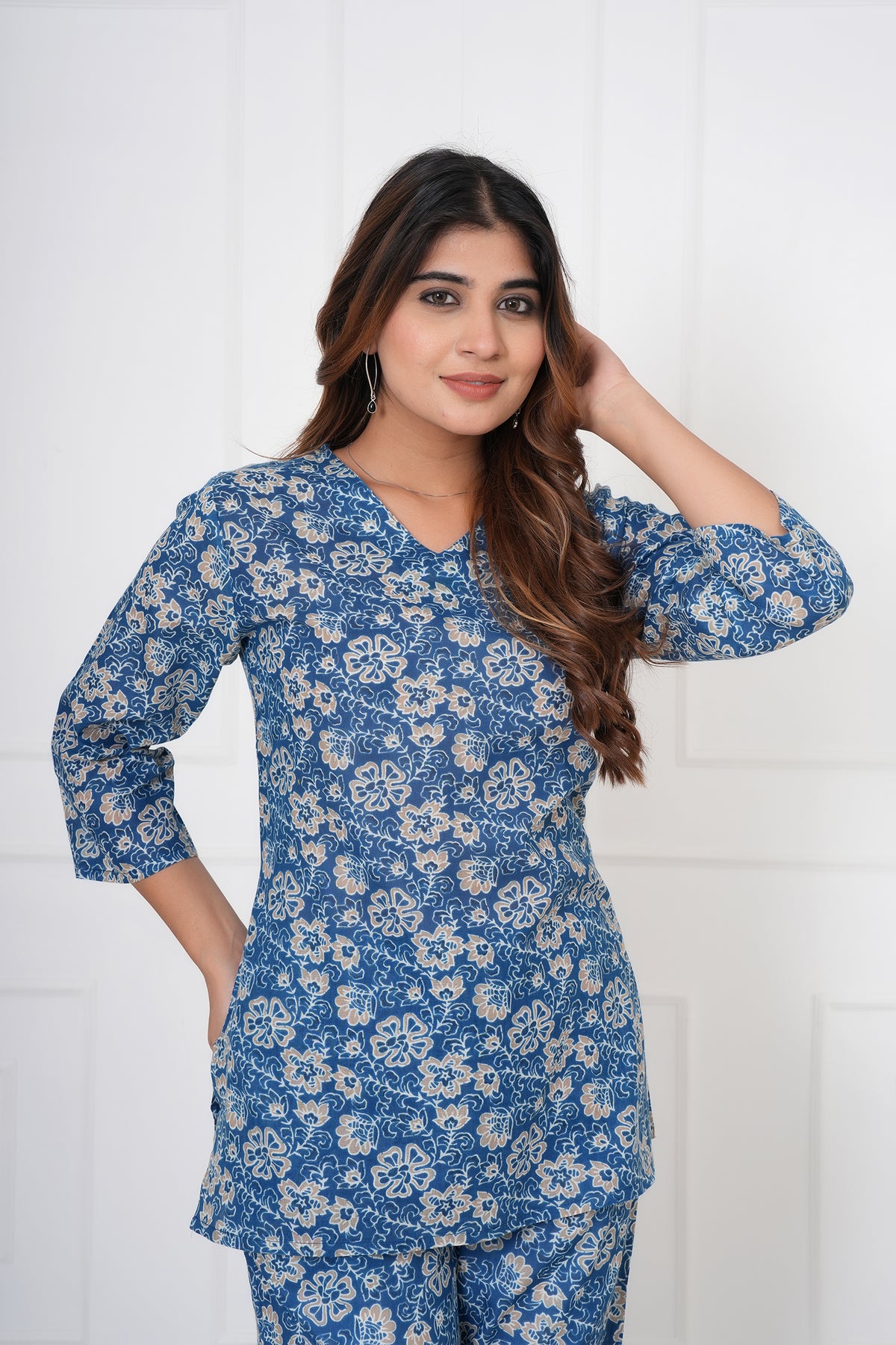 Blossom Floral Printed V-Neck Night Suit Set with Top & Pajama Pants - Indigo Blue
