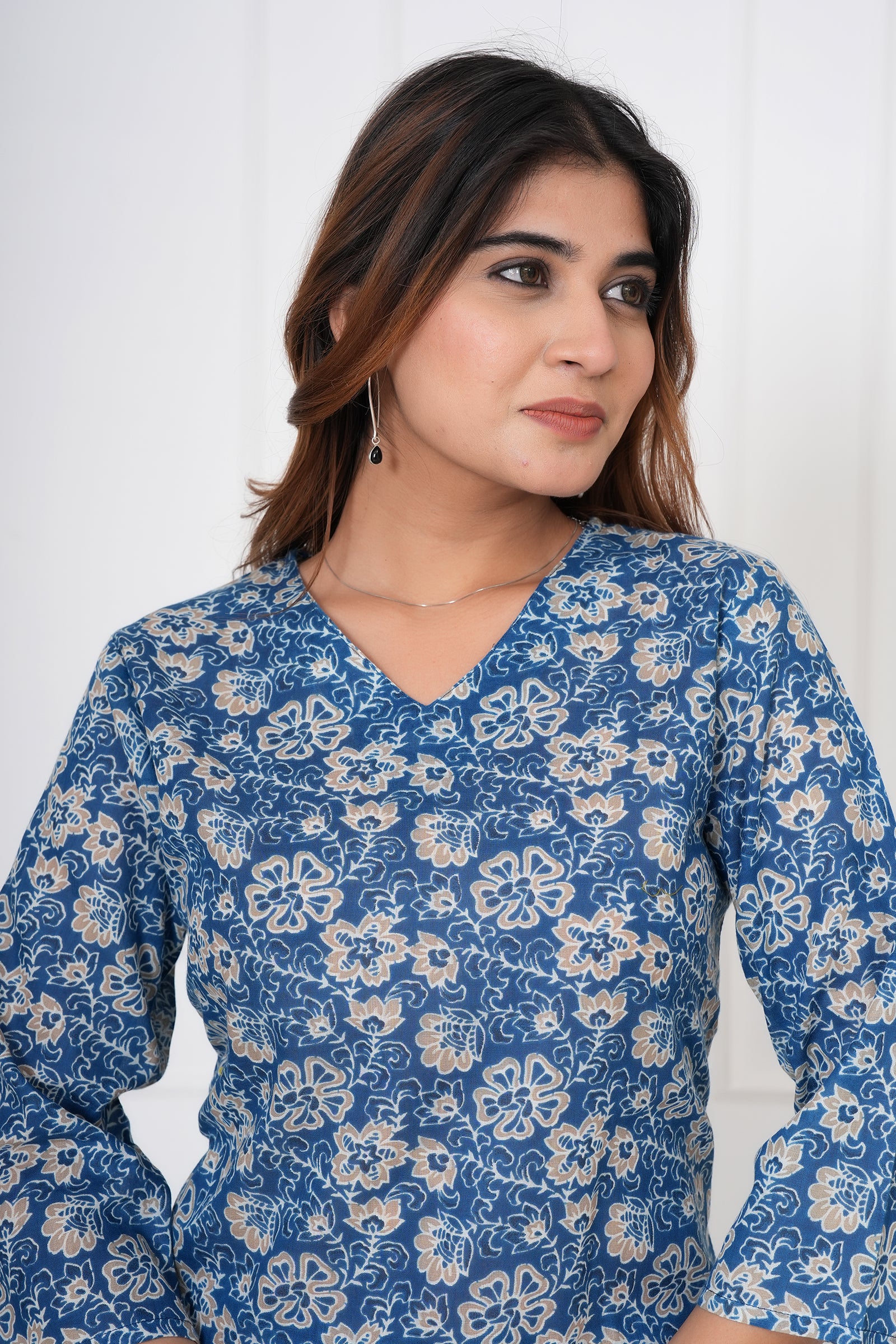 Floral Hand Printed  Navy Blue Ladies Cotton Night Dress