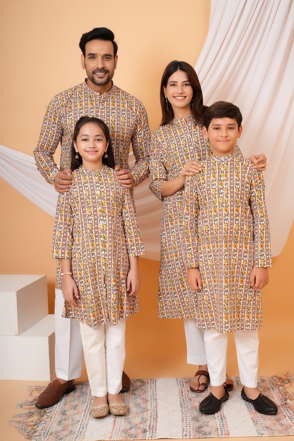 Traditional Floral Print Multicolor Kurti for Mother - Ivory & Yellow