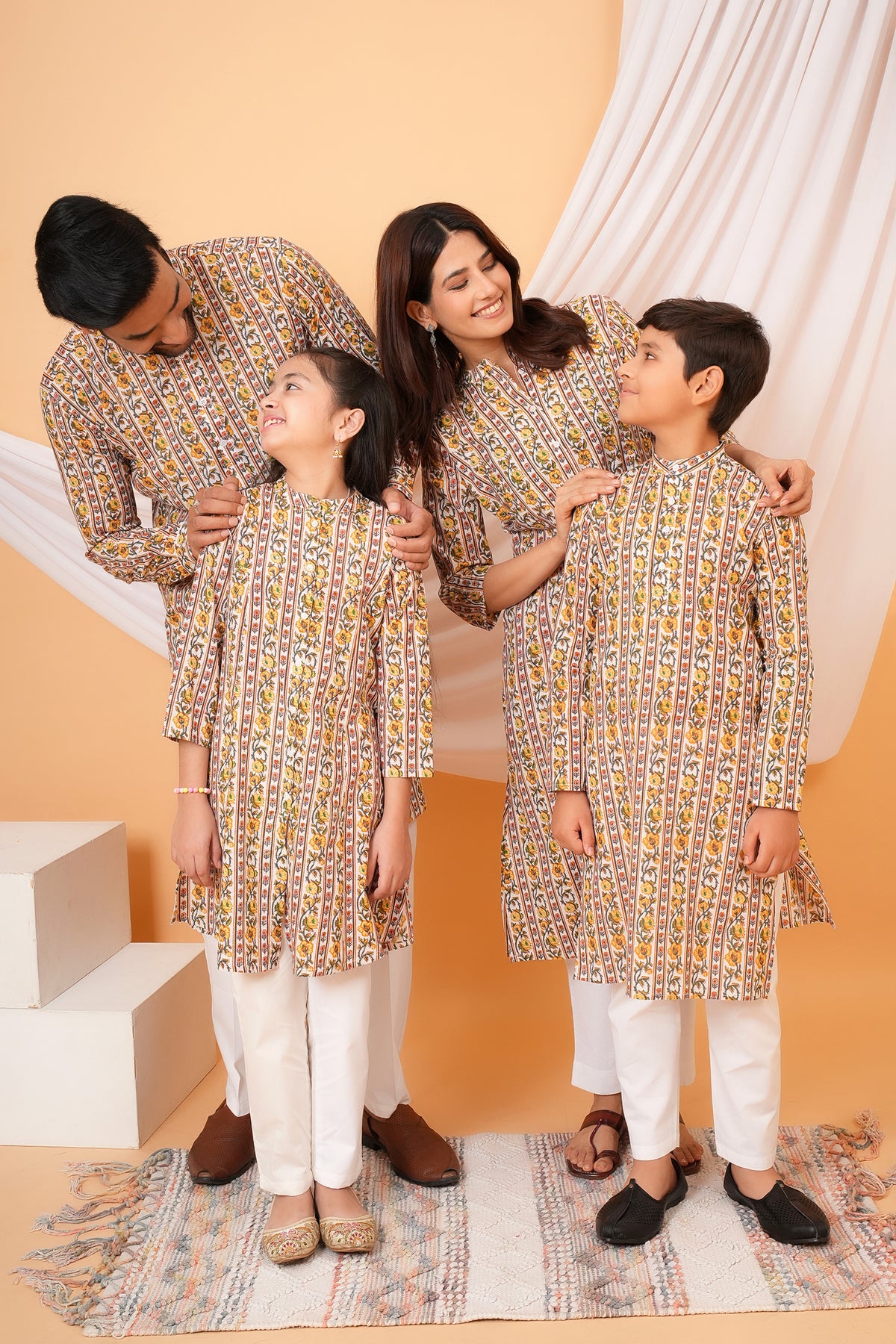 Traditional Floral Print Multicolor Kurti for Mother - Ivory & Yellow
