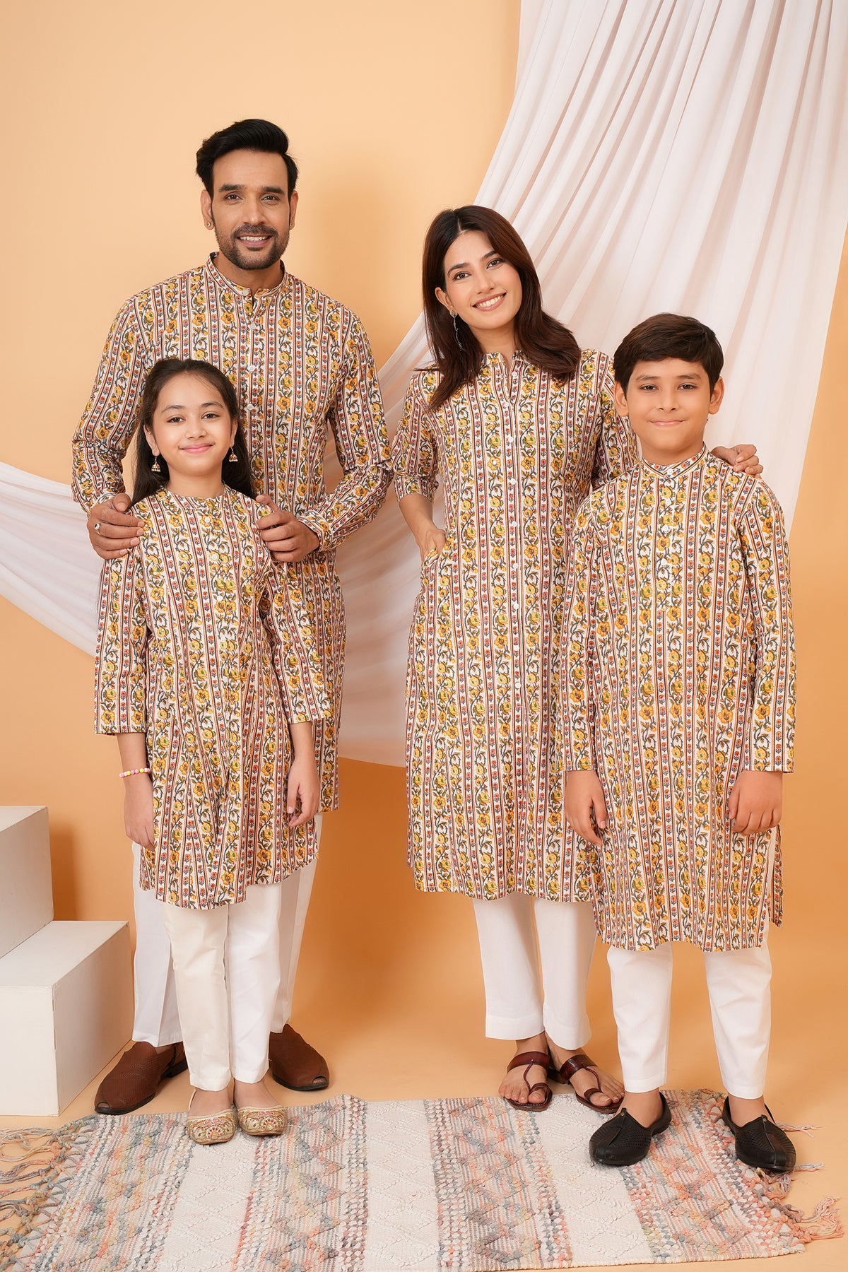 Traditional Floral Print Multicolor Kurti for Mother - Ivory & Yellow