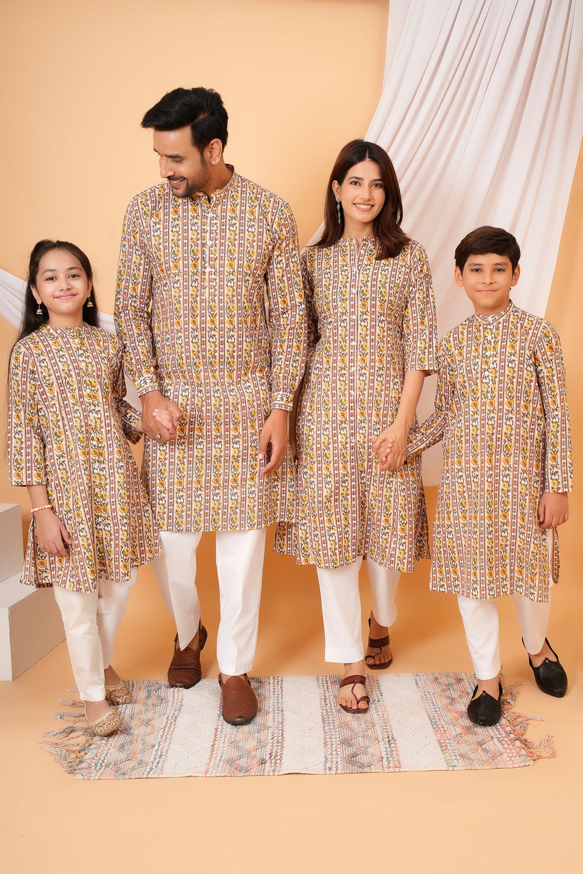 Traditional Floral Print Multicolor Kurti for Mother - Ivory & Yellow
