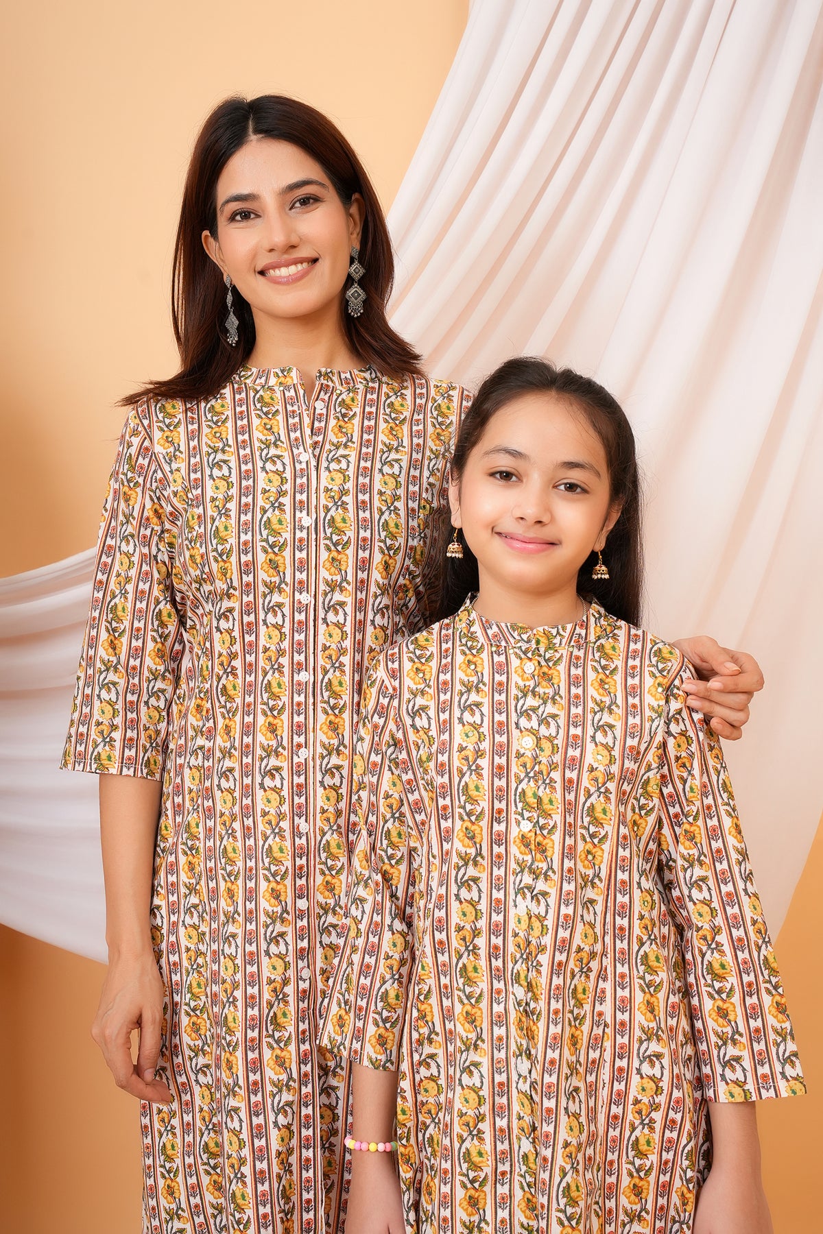 Traditional Floral Print Multicolor Kurti for Mother - Ivory & Yellow