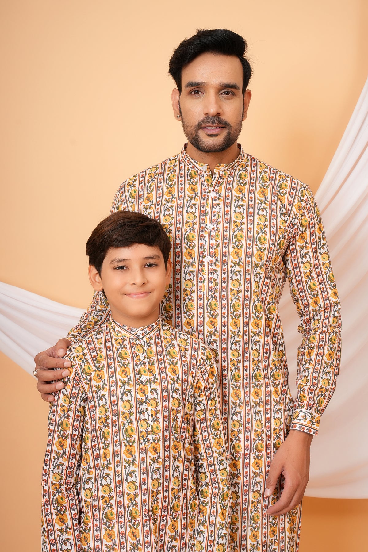 Traditional Floral Print Multicolor Kurti for Mother - Ivory & Yellow