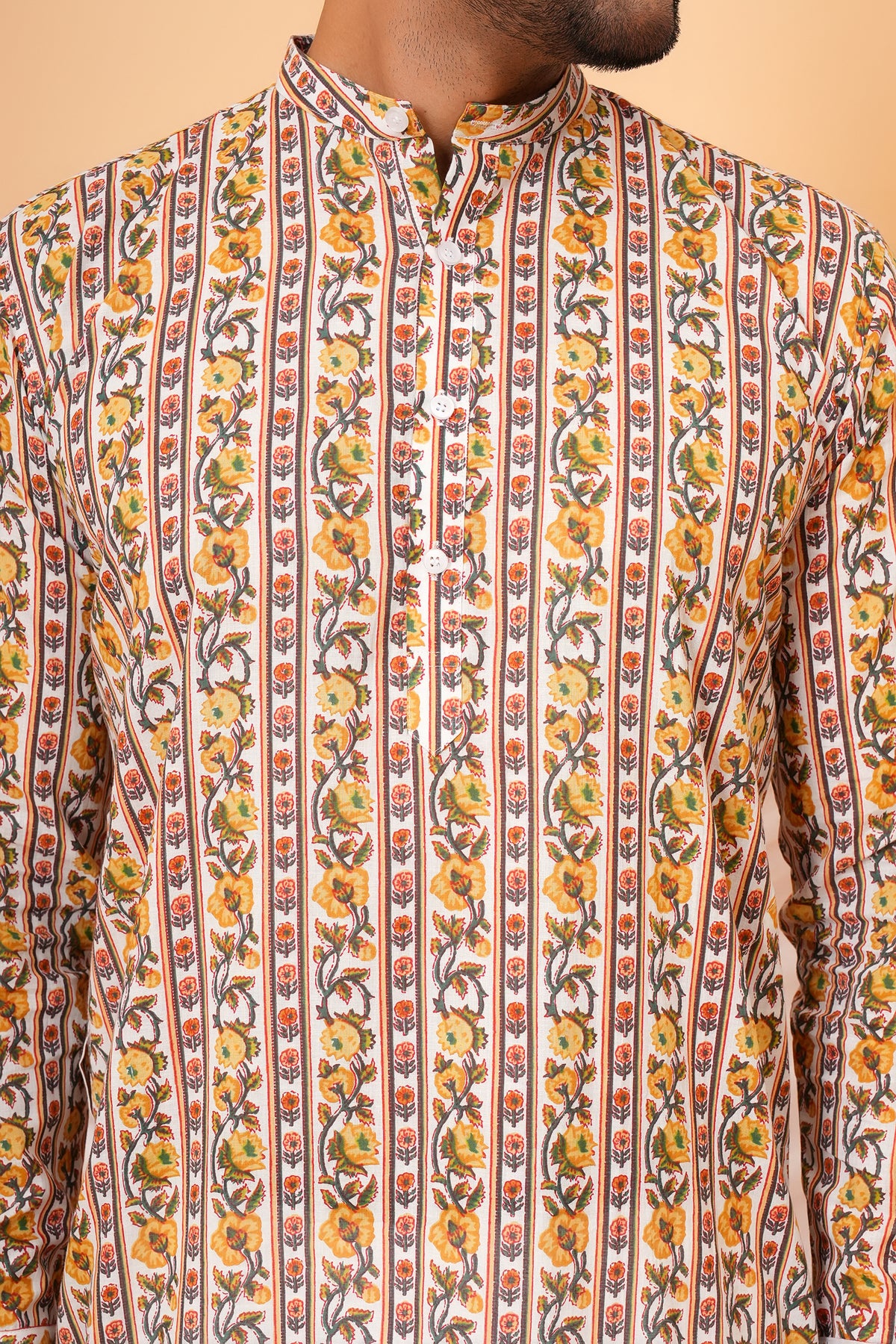 Traditional Floral Print Multicolor Kurti for Mother - Ivory & Yellow