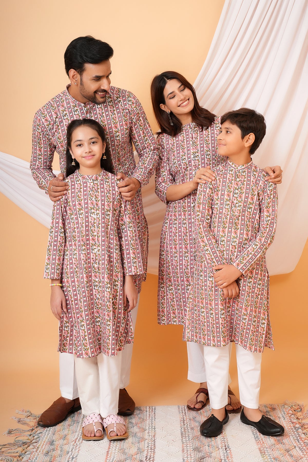 Traditional Floral Print Multicolor Kurti & Kurta Collection Pink With Yellow Flower-Family Bundle