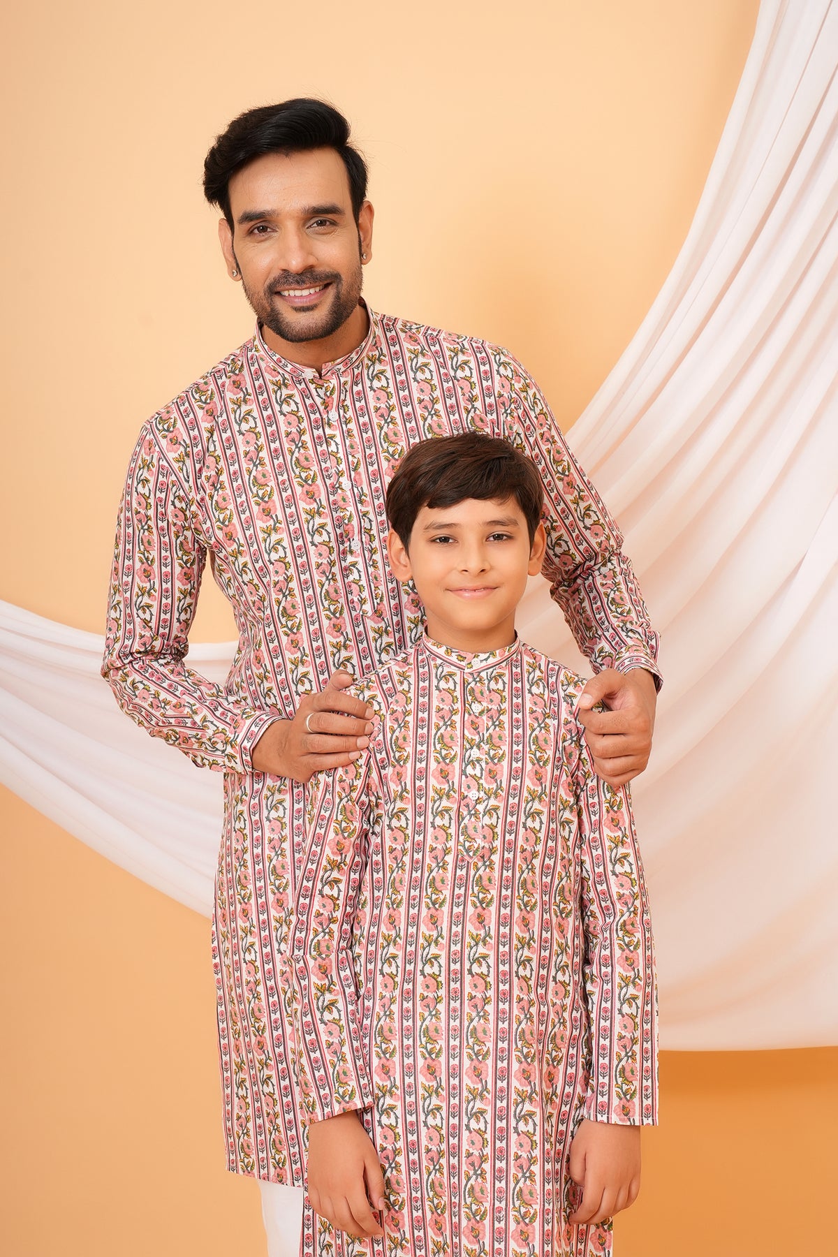 Traditional Floral Print Multicolor Kurta For Father- Pink With Yellow Flower