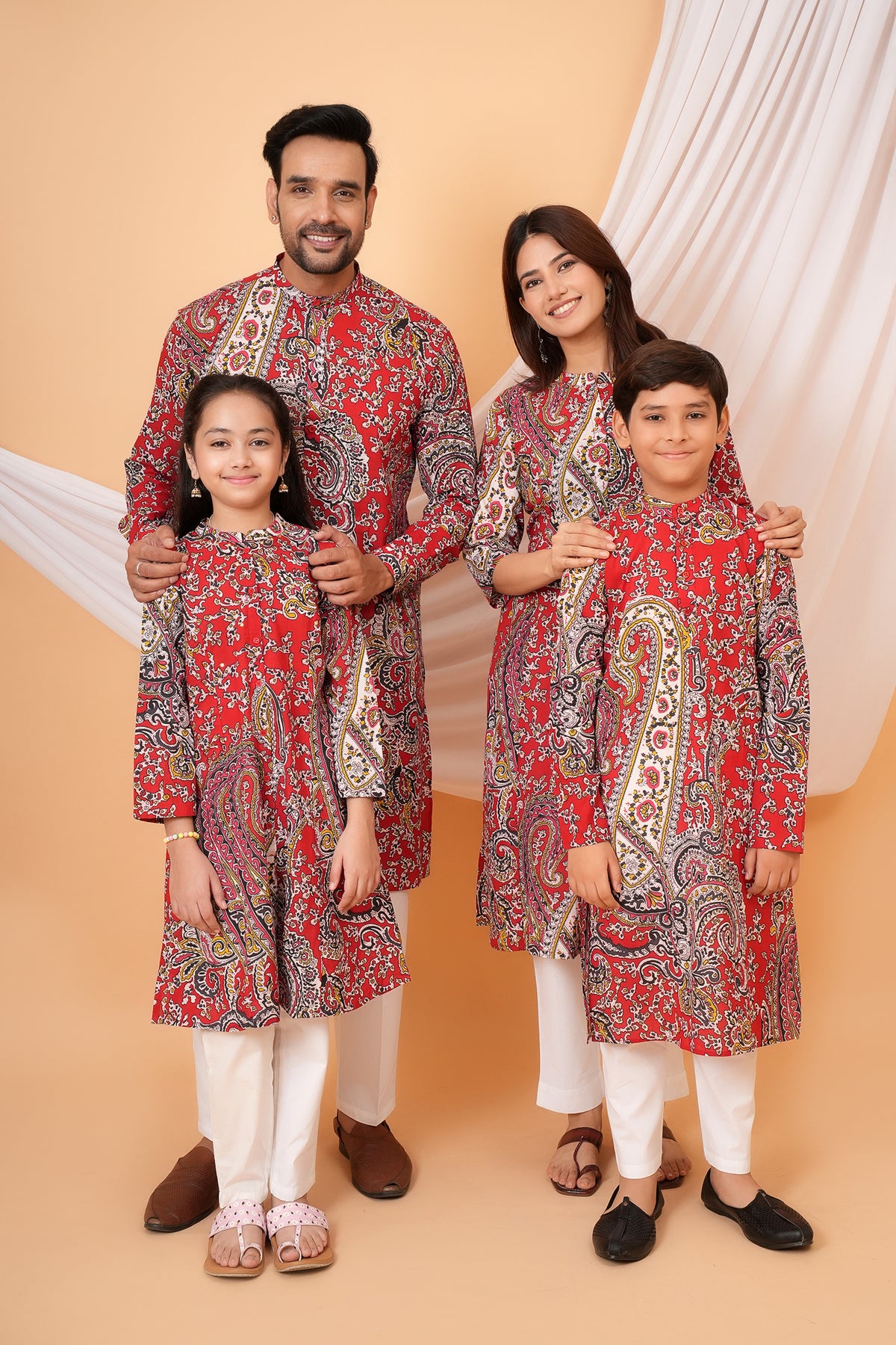 Traditional Paisley Printed Floral Kurta & Kurti Collection Red- Family Bundle