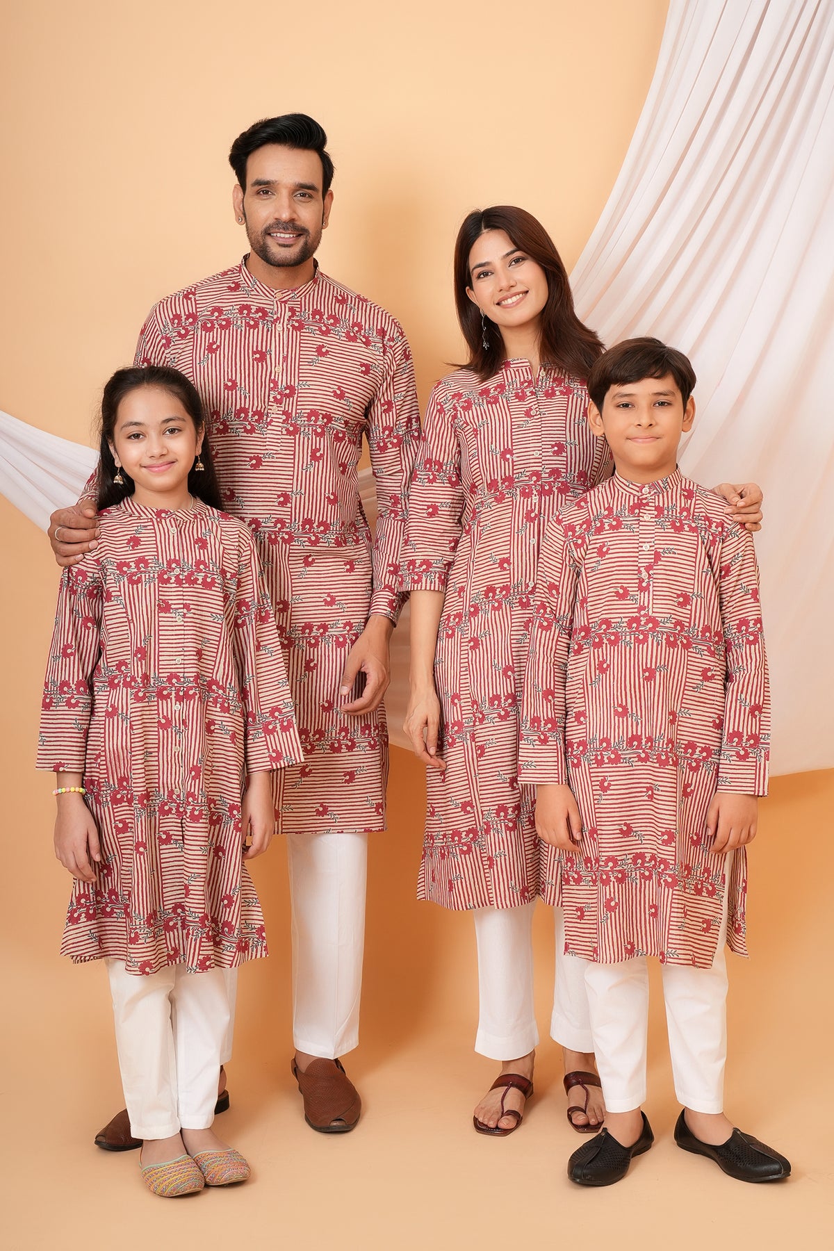 Traditional Vertical and Horizontal Stripe Floral Kurta & Kurti Collection Red- Family Bundle