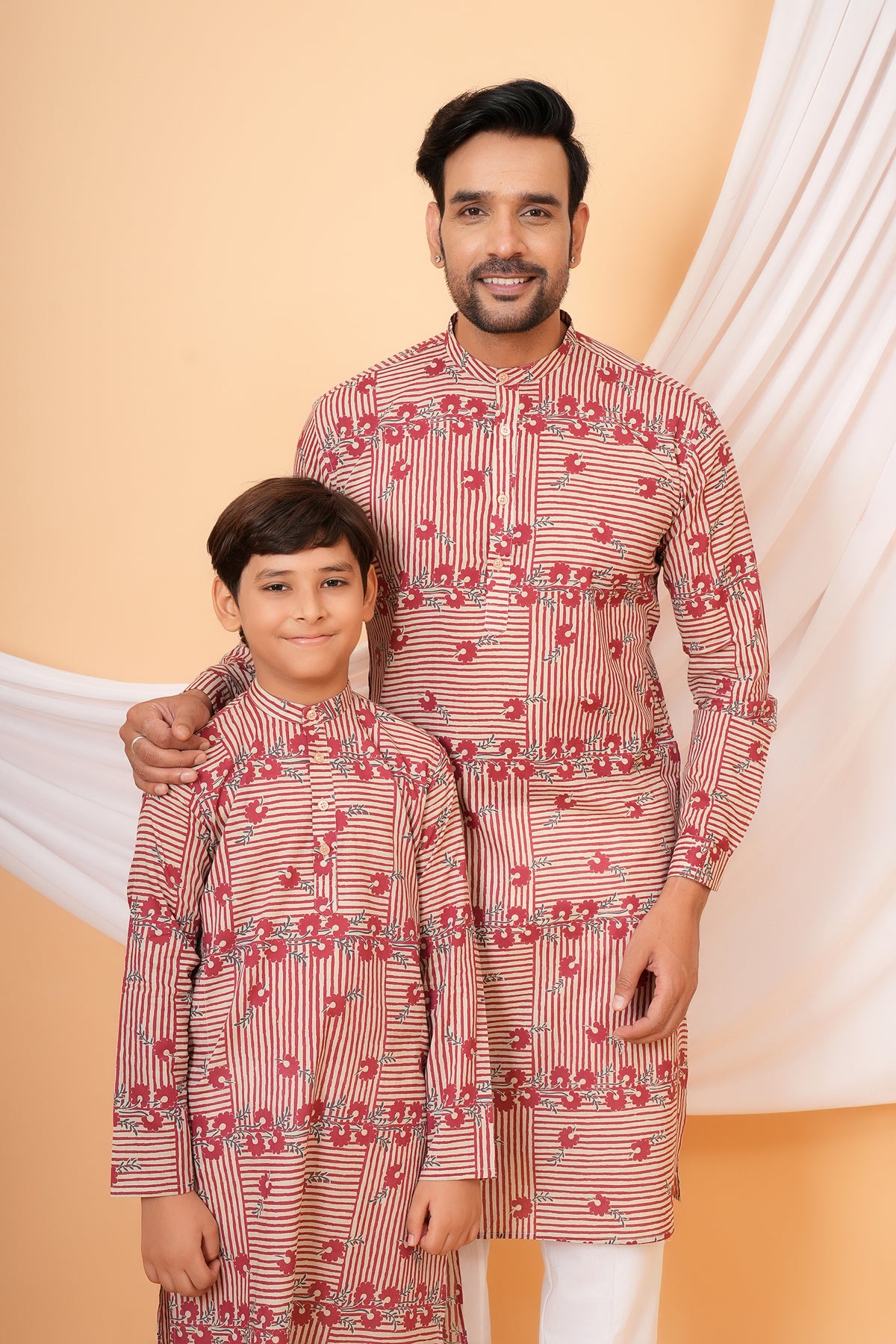 Traditional Vertical and Horizontal Stripe Floral Kurta For Beta Red