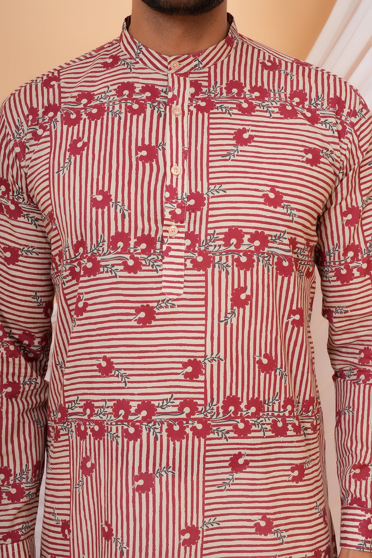 Traditional Vertical and Horizontal Stripe Floral Kurta For Beta Red