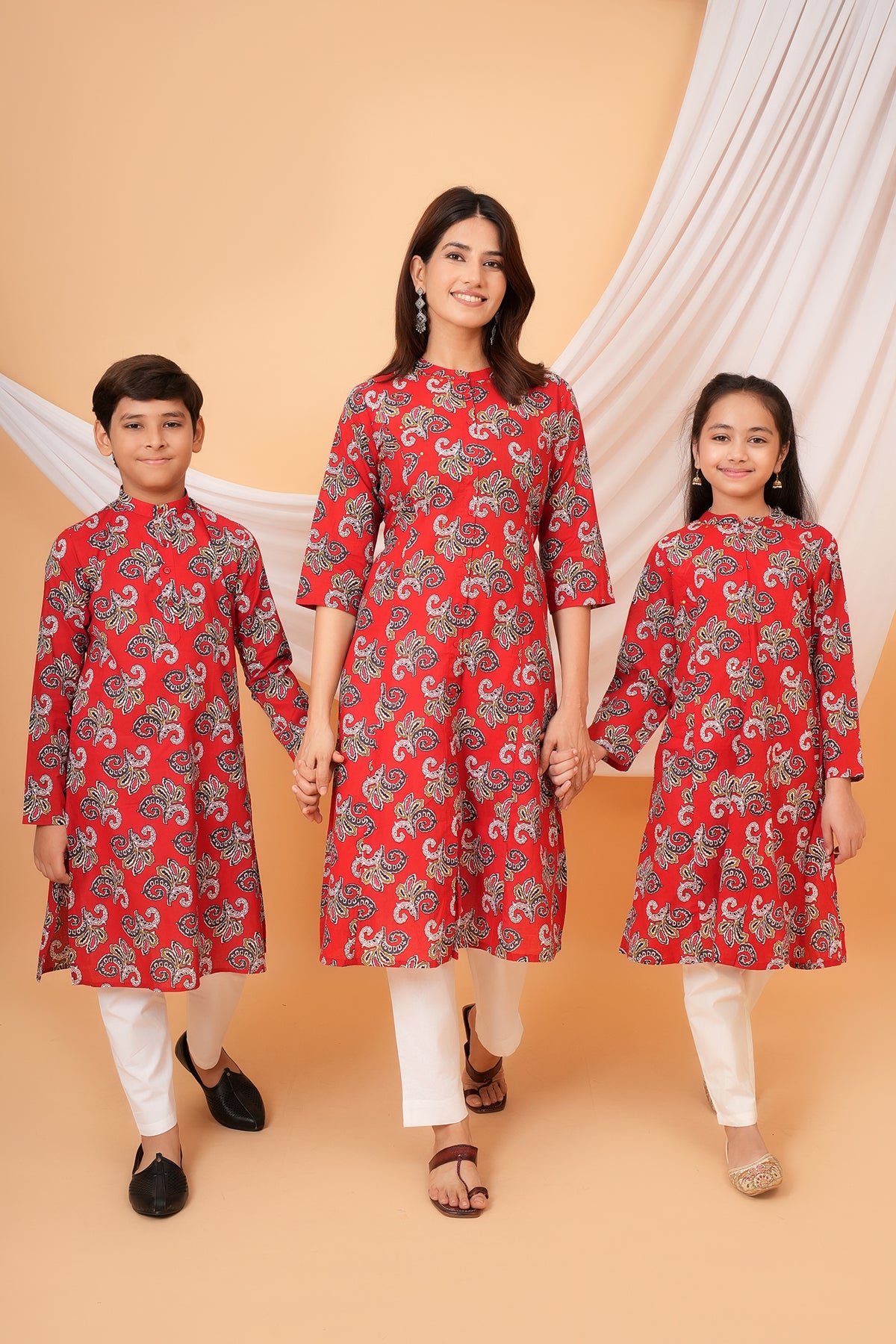 Traditional Kurta With Multicolor Floral Work for Father-Bold Red