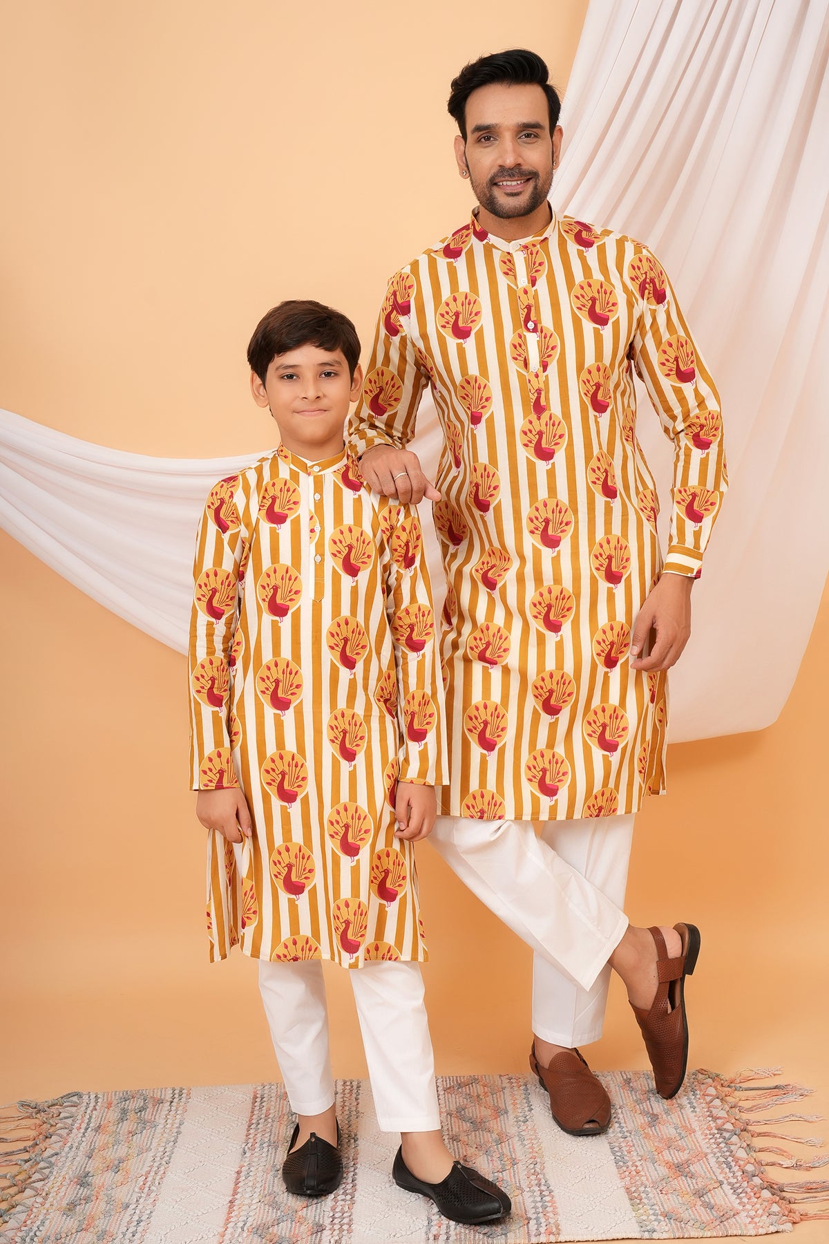 Traditional Peacock Motifs With Vertical Stripes Cotton Kurta For Father