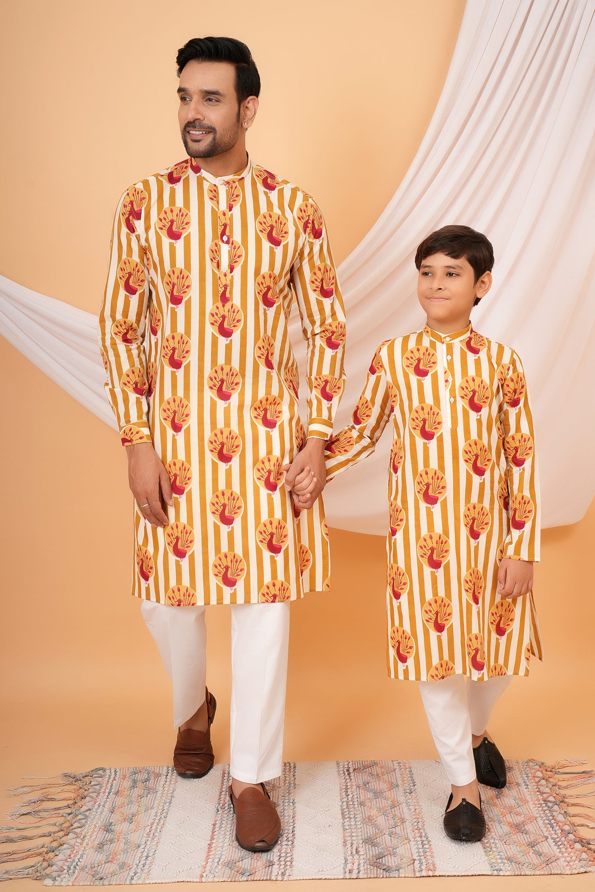 Traditional Peacock Motifs With Vertical Stripes Cotton Kurta For Father