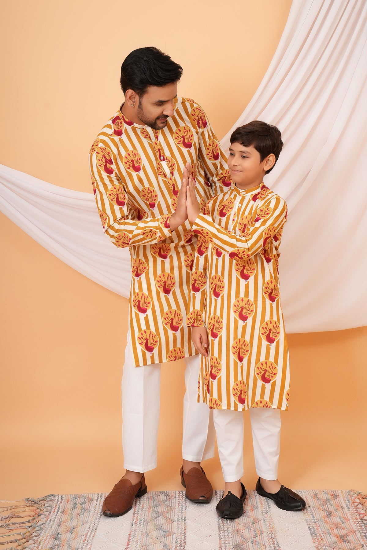 Traditional Peacock Motifs With Vertical Stripes Cotton Kurta For Father