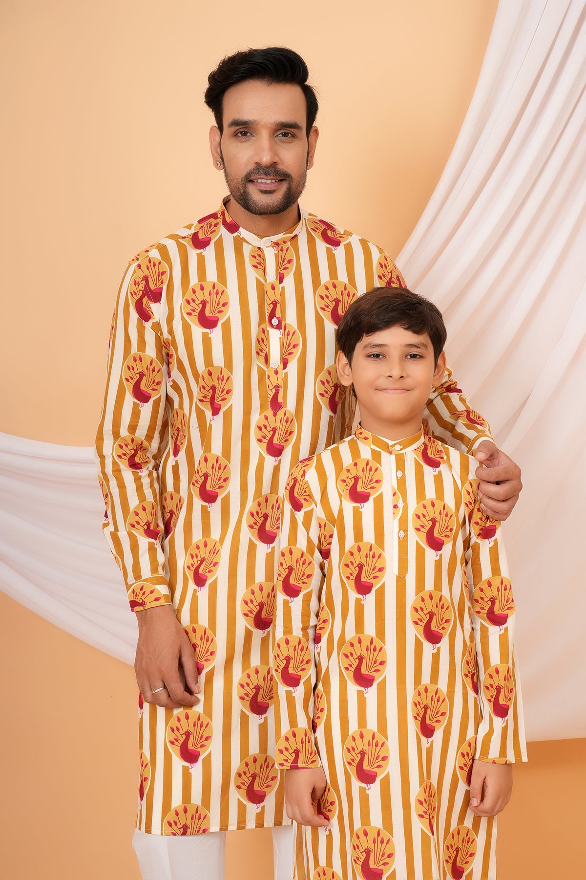 Traditional Peacock Motifs With Vertical Stripes Cotton Kurta For Father