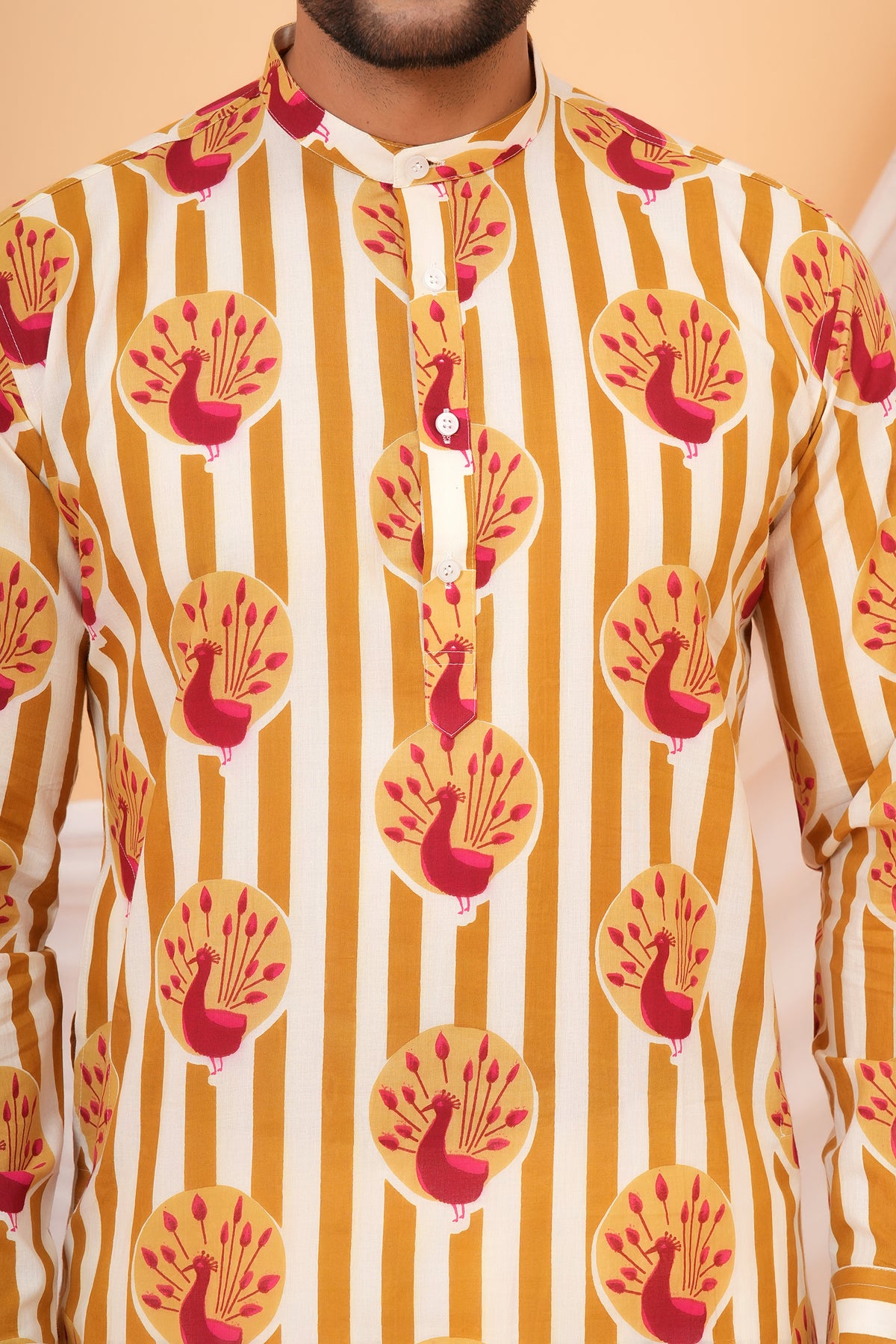 Traditional Peacock Motifs With Vertical Stripes Cotton Kurta For Father